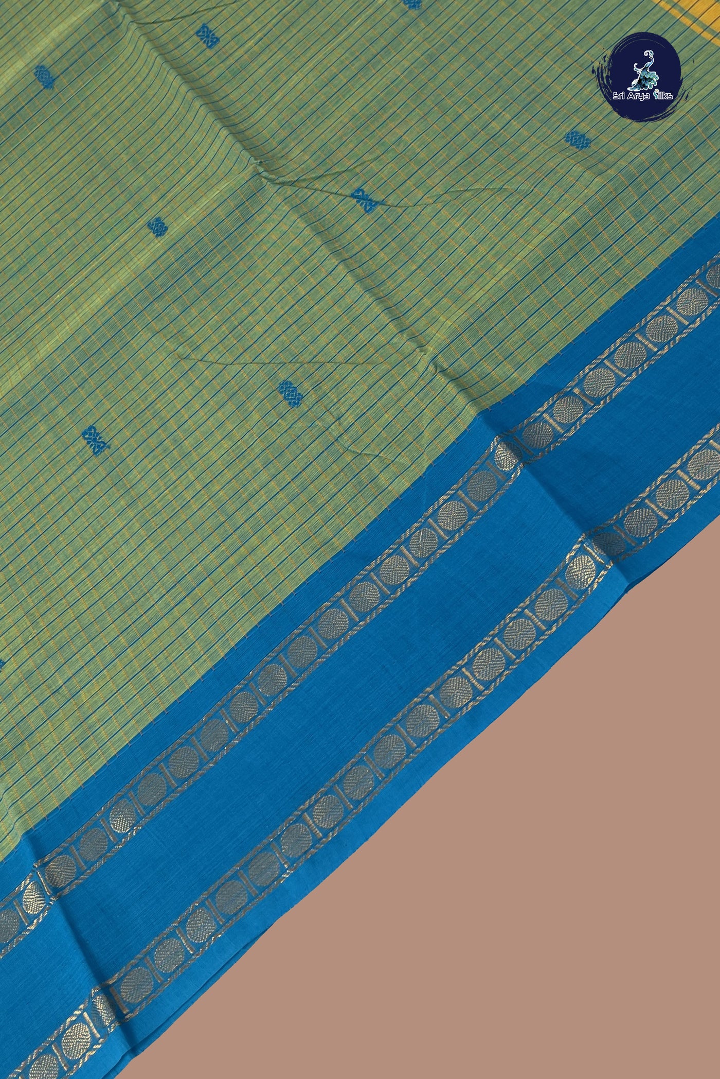 Bluish Green Chettinad Cotton Saree With Checked Pattern