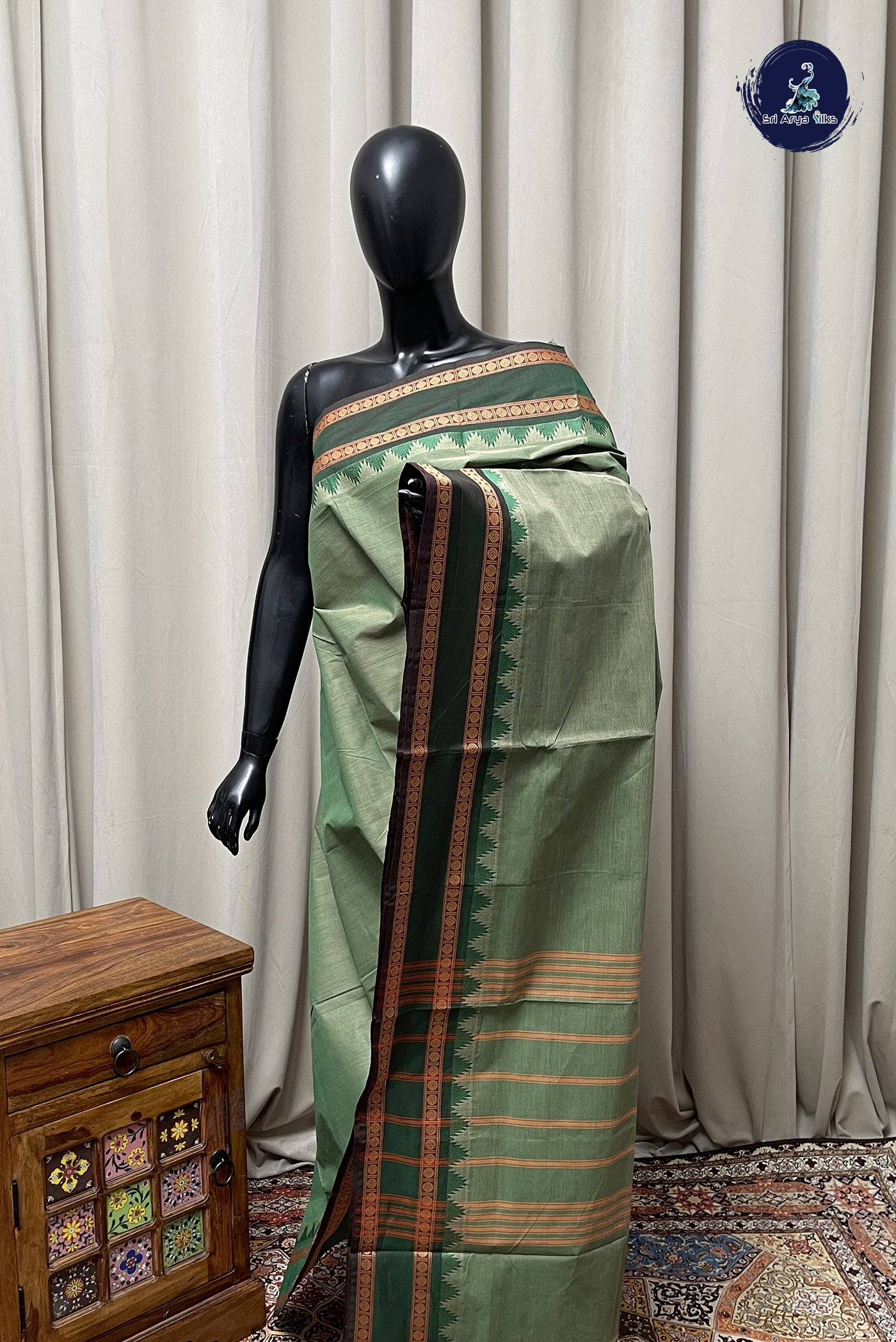 Green Chettinad Cotton Saree With Plain Pattern