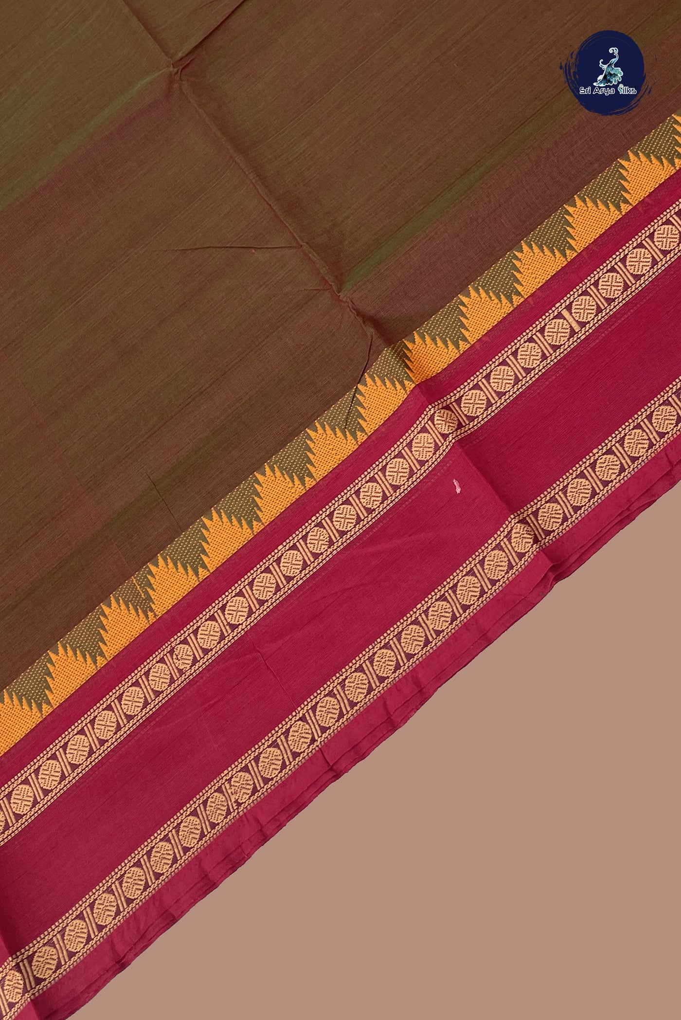 Dual Tone Brown Chettinad Cotton Saree With Plain Pattern