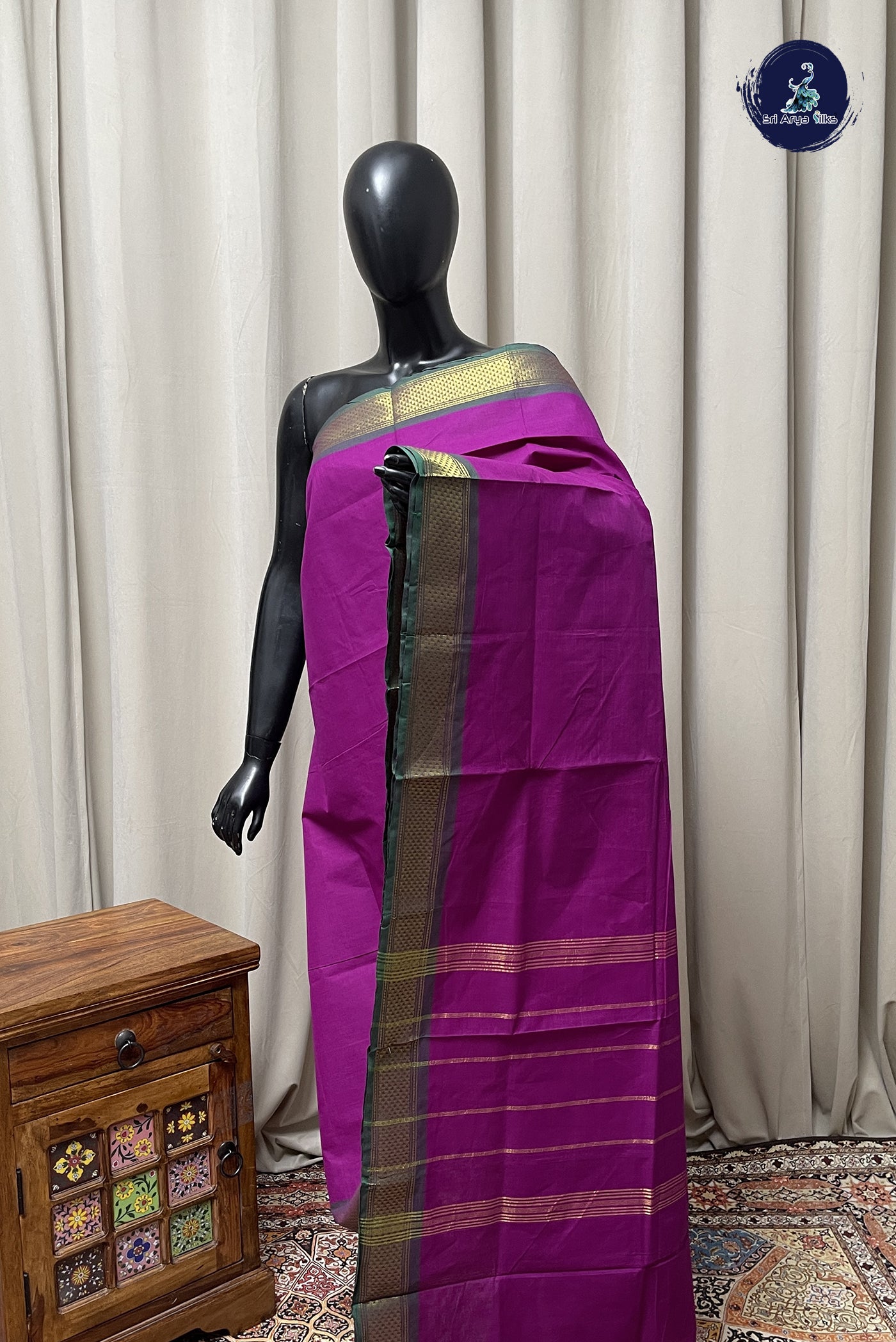 Purple Chettinad Cotton Saree With Plain Pattern