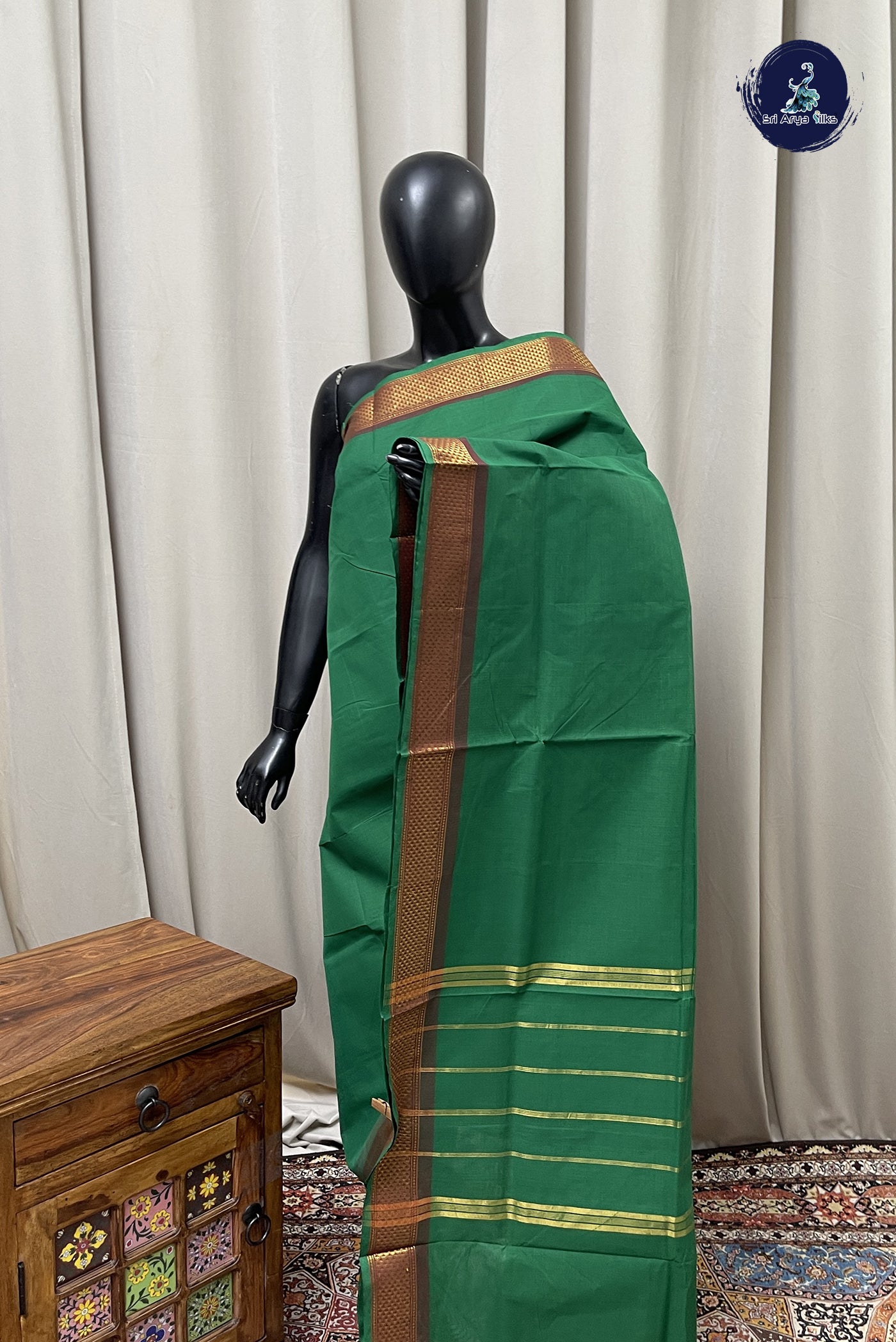 Green Chettinad Cotton Saree With Plain Pattern