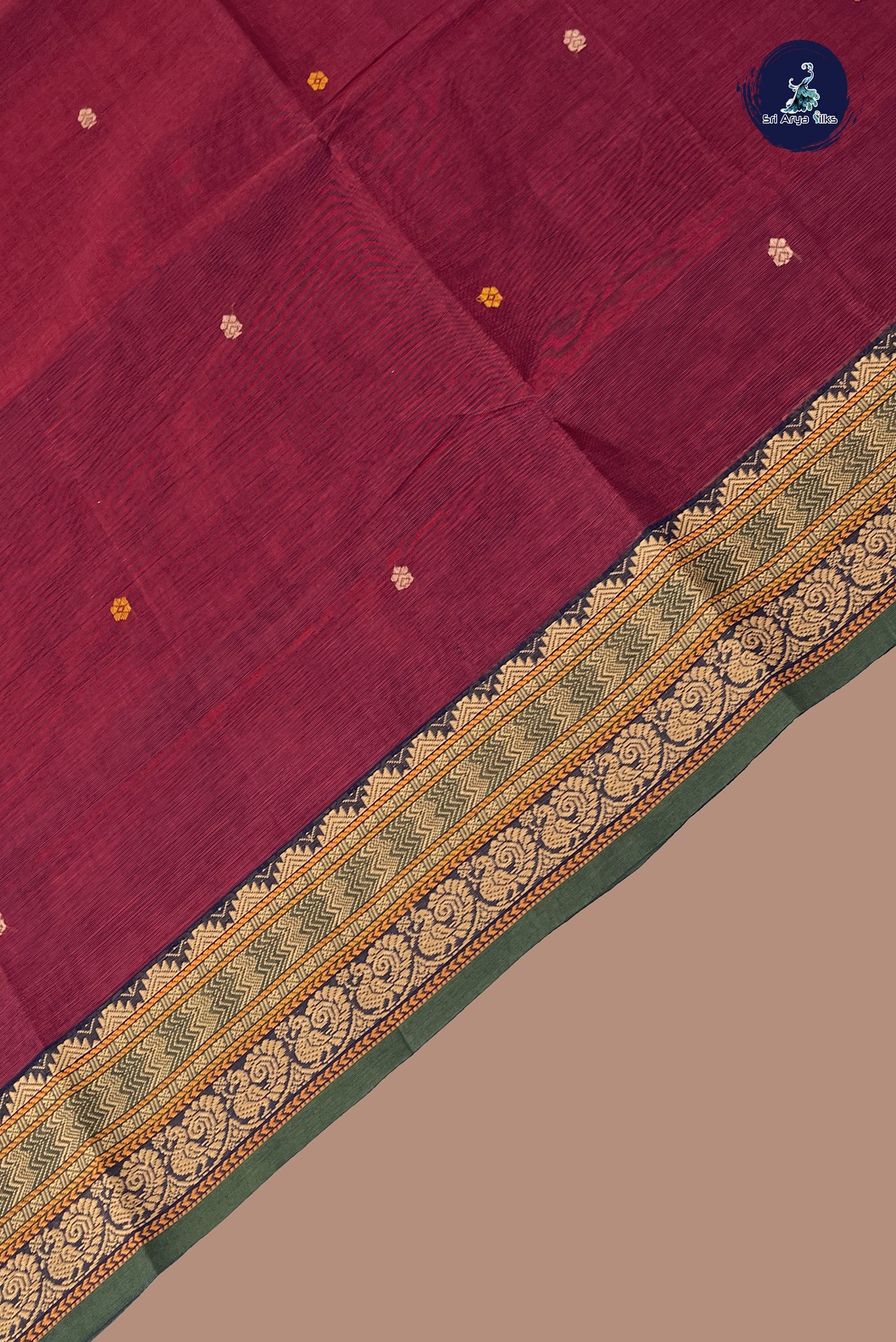 Dual Tone Maroon Chettinad Cotton Saree With Buttas Pattern