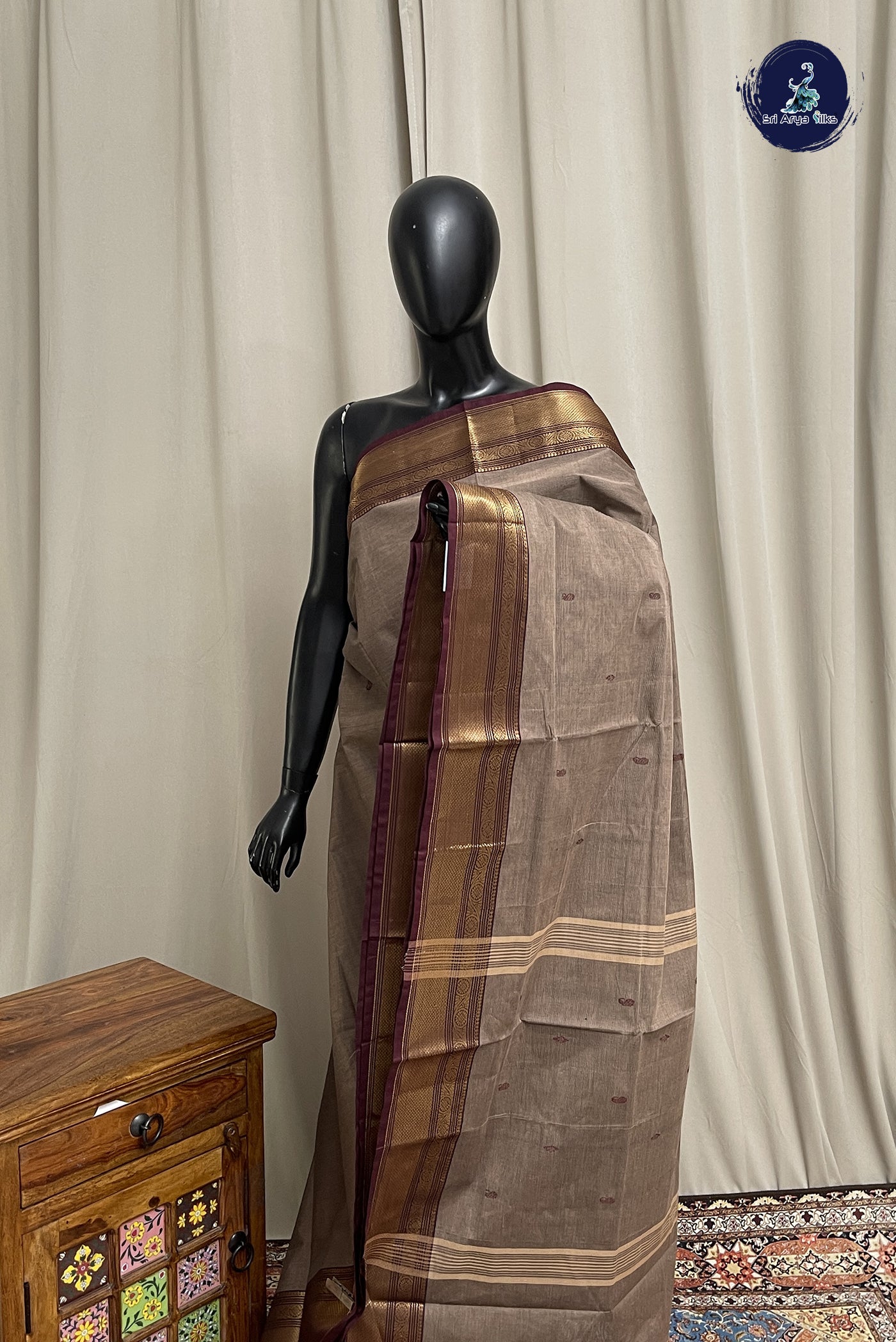 Chocolate Shade Chettinad Cotton Saree With Buttas Pattern