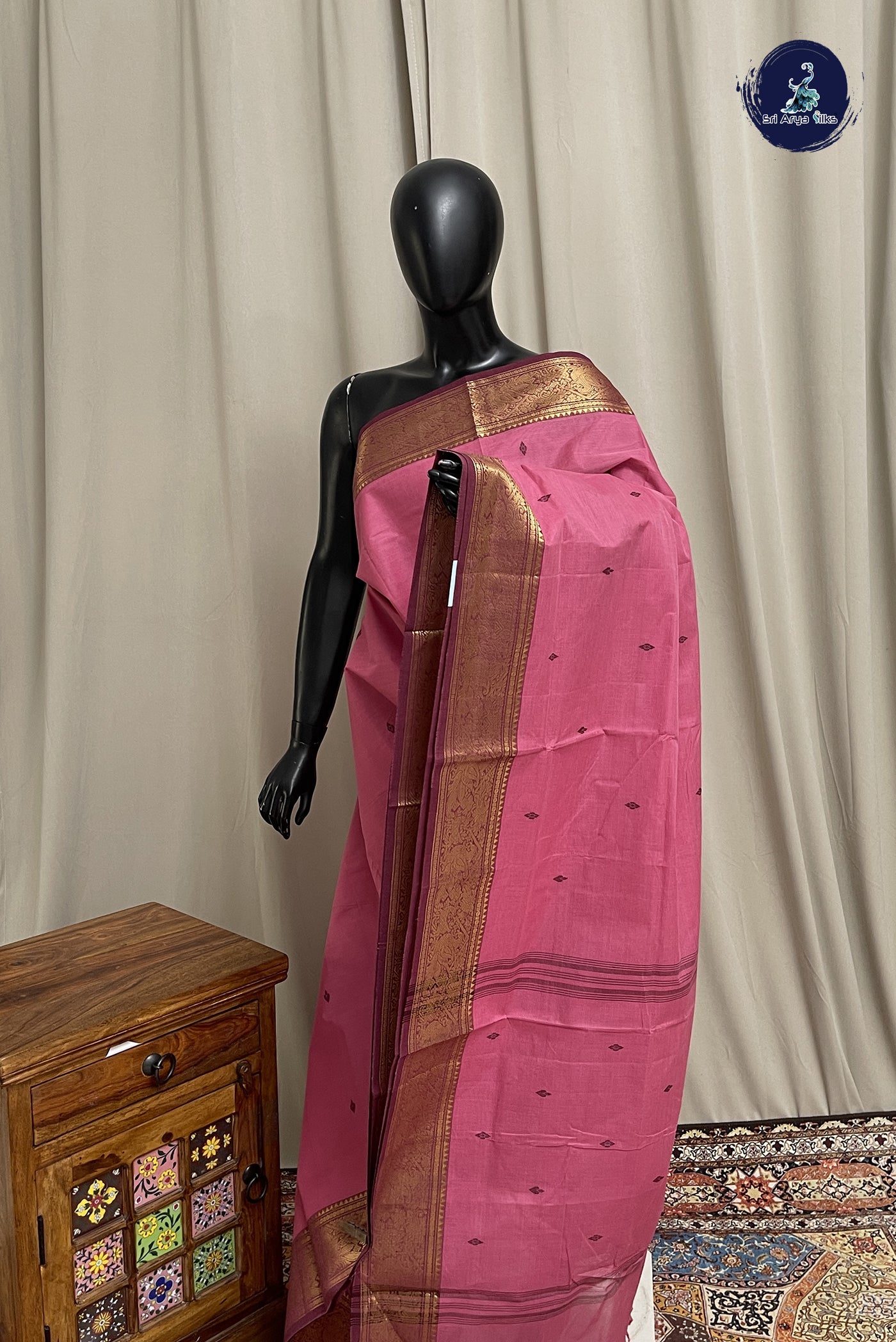 Pink Chettinad Cotton Saree With Buttas Pattern