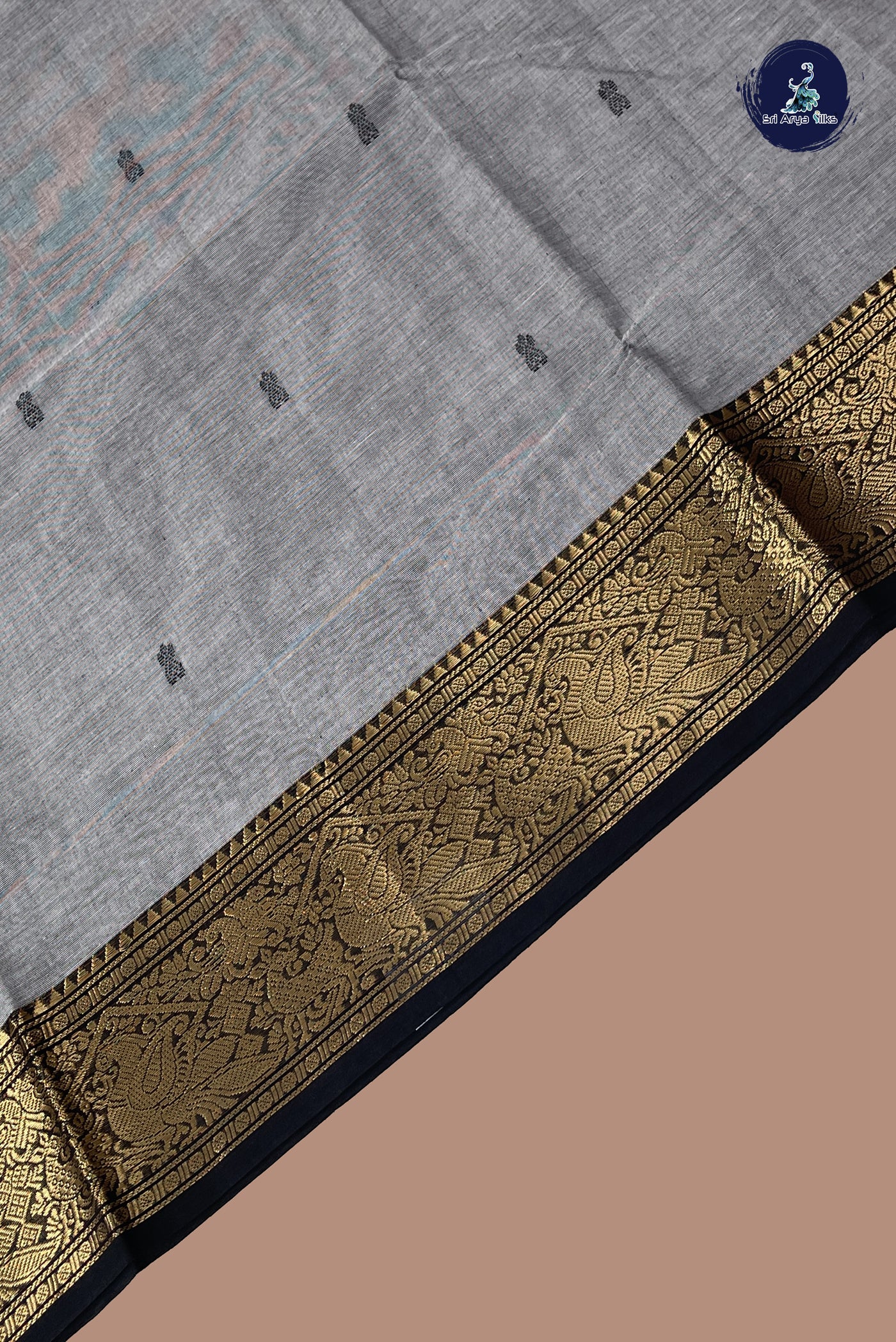 Grey Chettinad Cotton Saree With Buttas Pattern