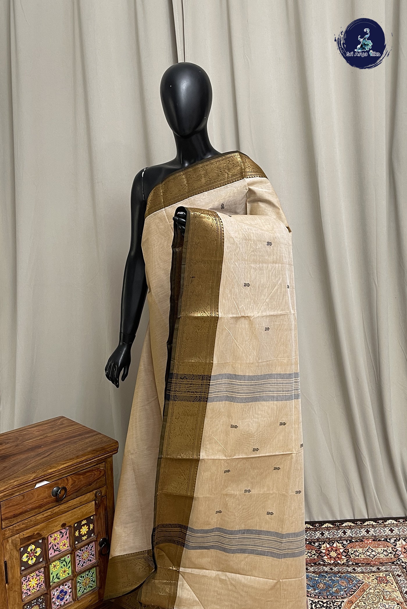 Beige Chettinad Cotton Saree With Buttas Pattern