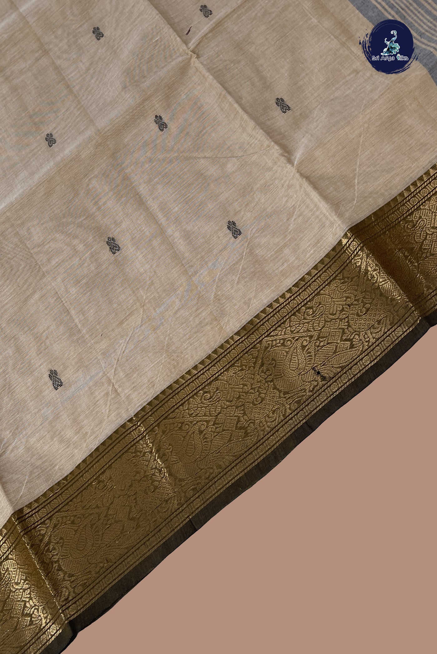 Beige Chettinad Cotton Saree With Buttas Pattern