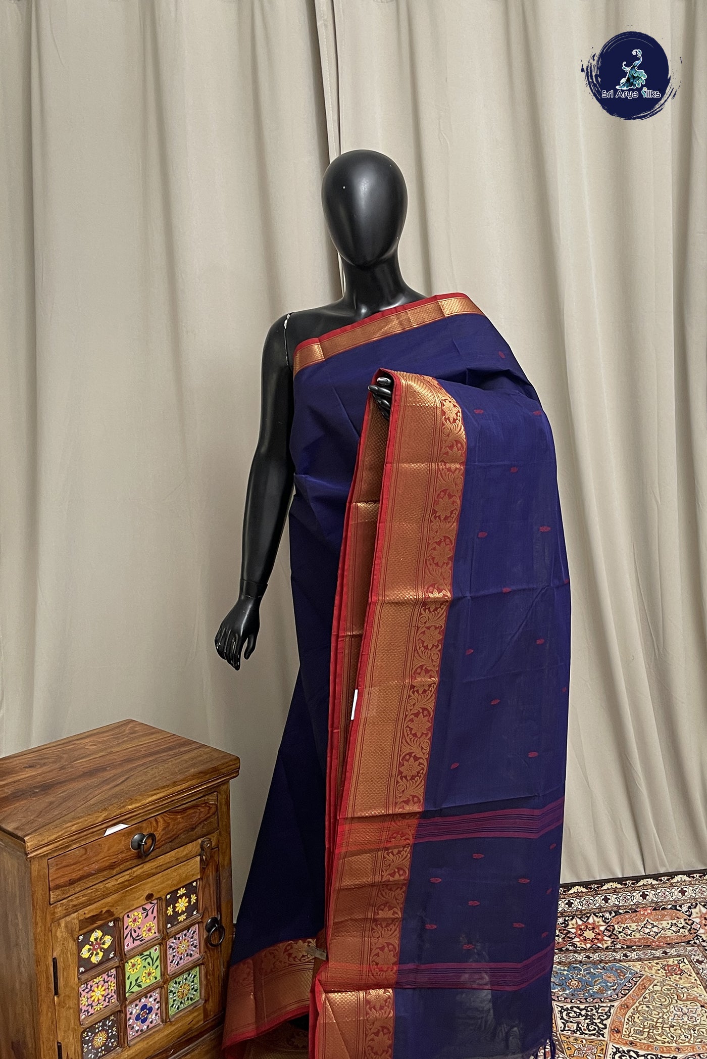 Navy Blue Chettinad Cotton Saree With Buttas Pattern