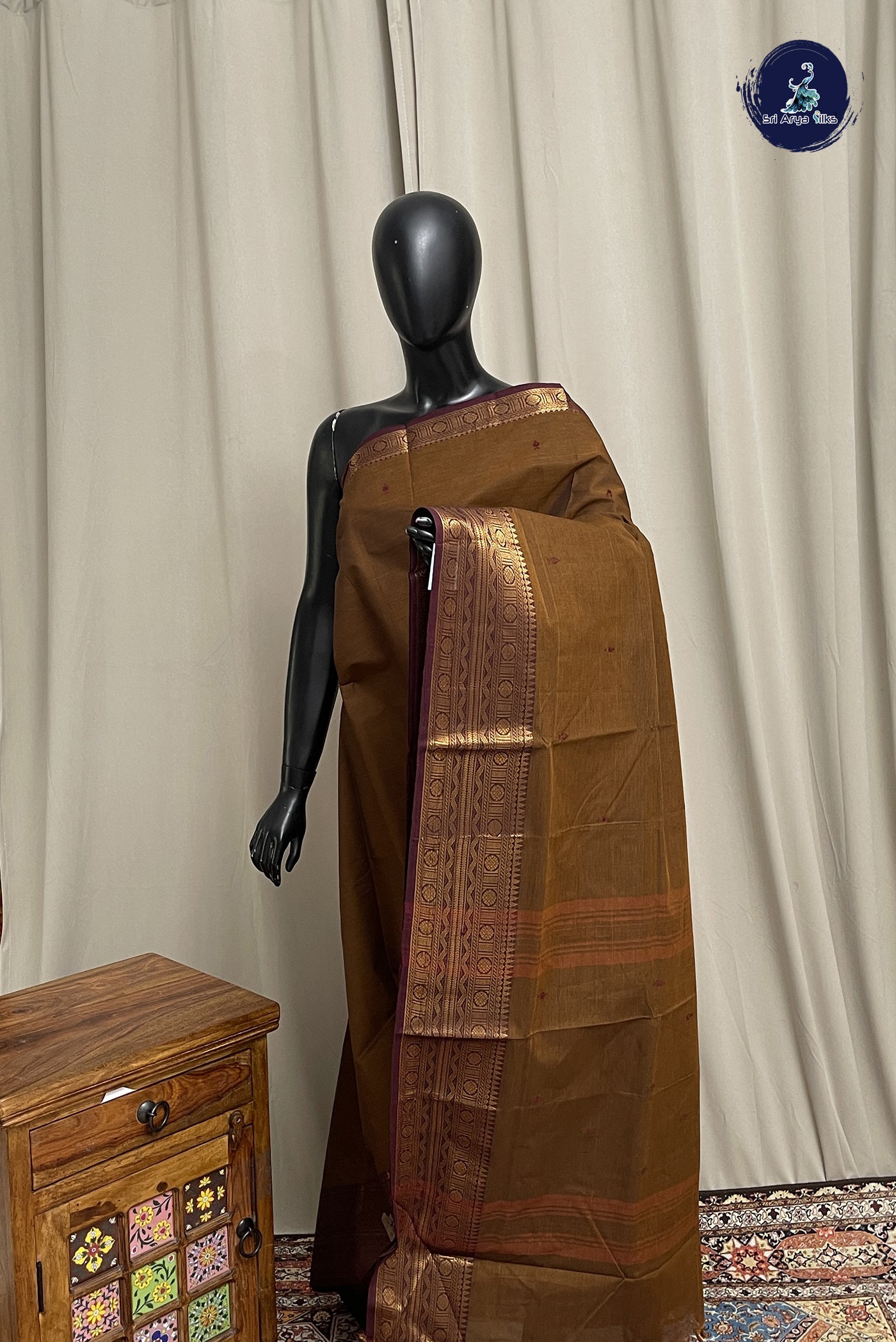 Brown Chettinad Cotton Saree With Buttas Pattern