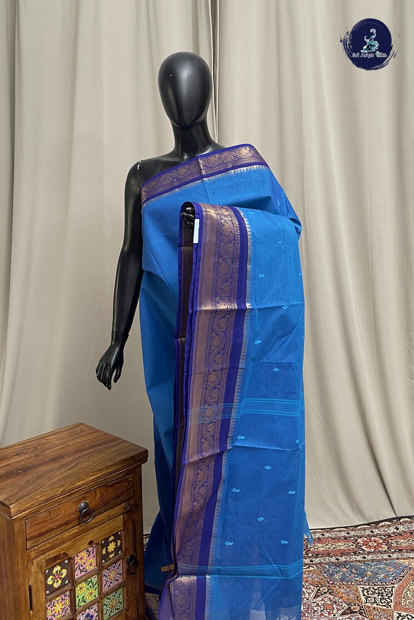 Blue Chettinad Cotton Saree With Buttas Pattern