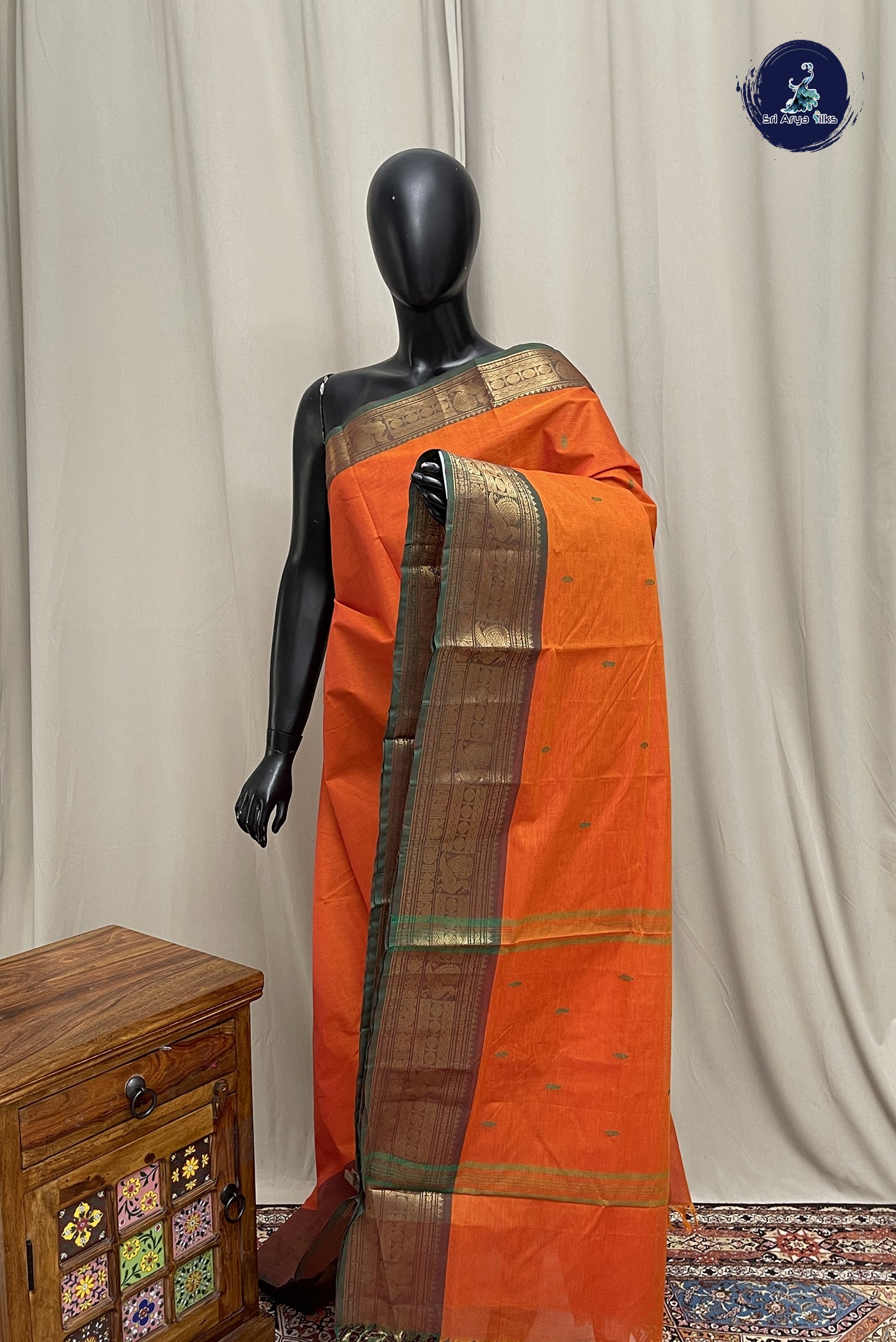 Orange Chettinad Cotton Saree With Buttas Pattern