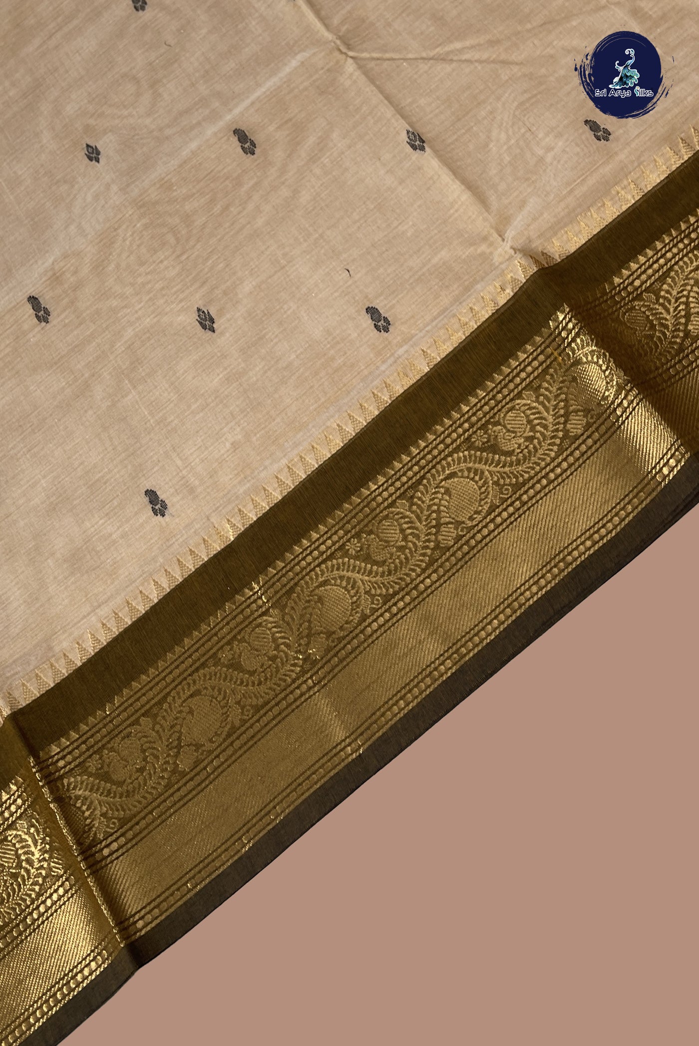Beige Chettinad Cotton Saree With Buttas Pattern