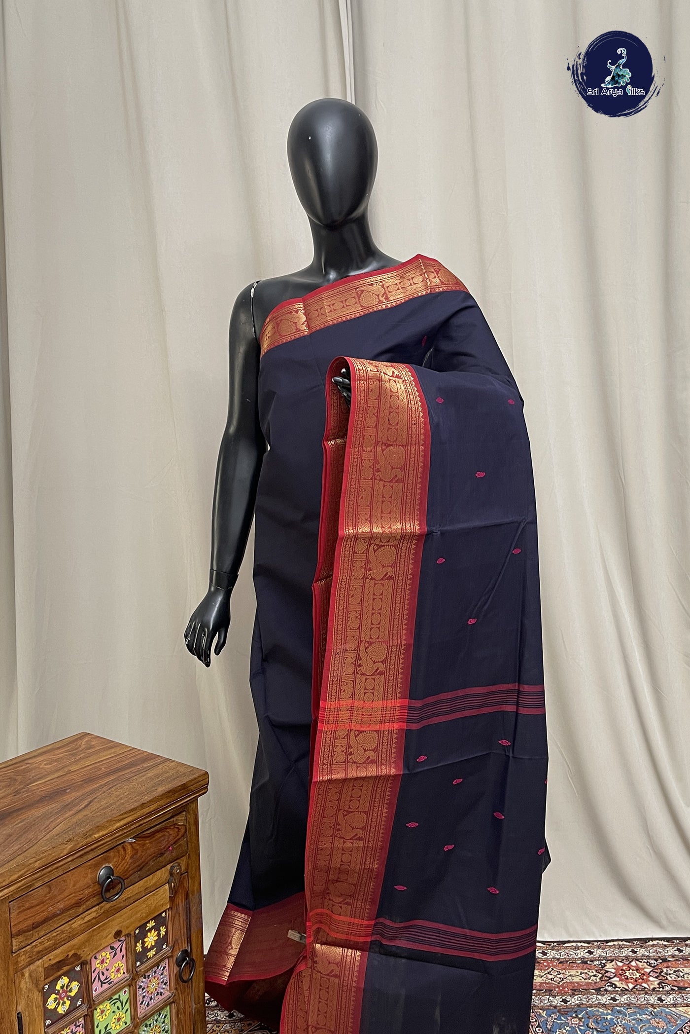 Dark Blue Chettinad Cotton Saree With Buttas Pattern