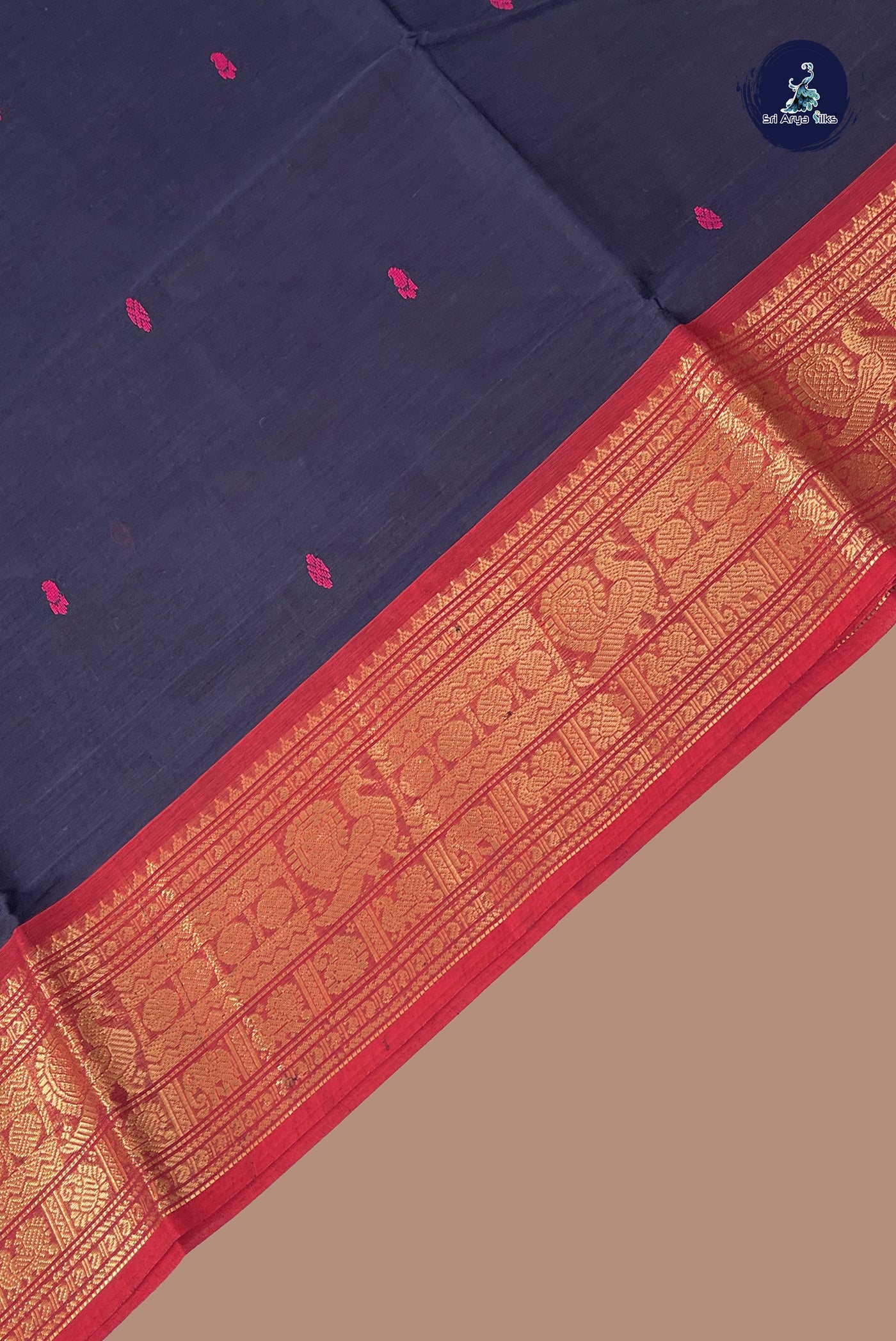 Dark Blue Chettinad Cotton Saree With Buttas Pattern
