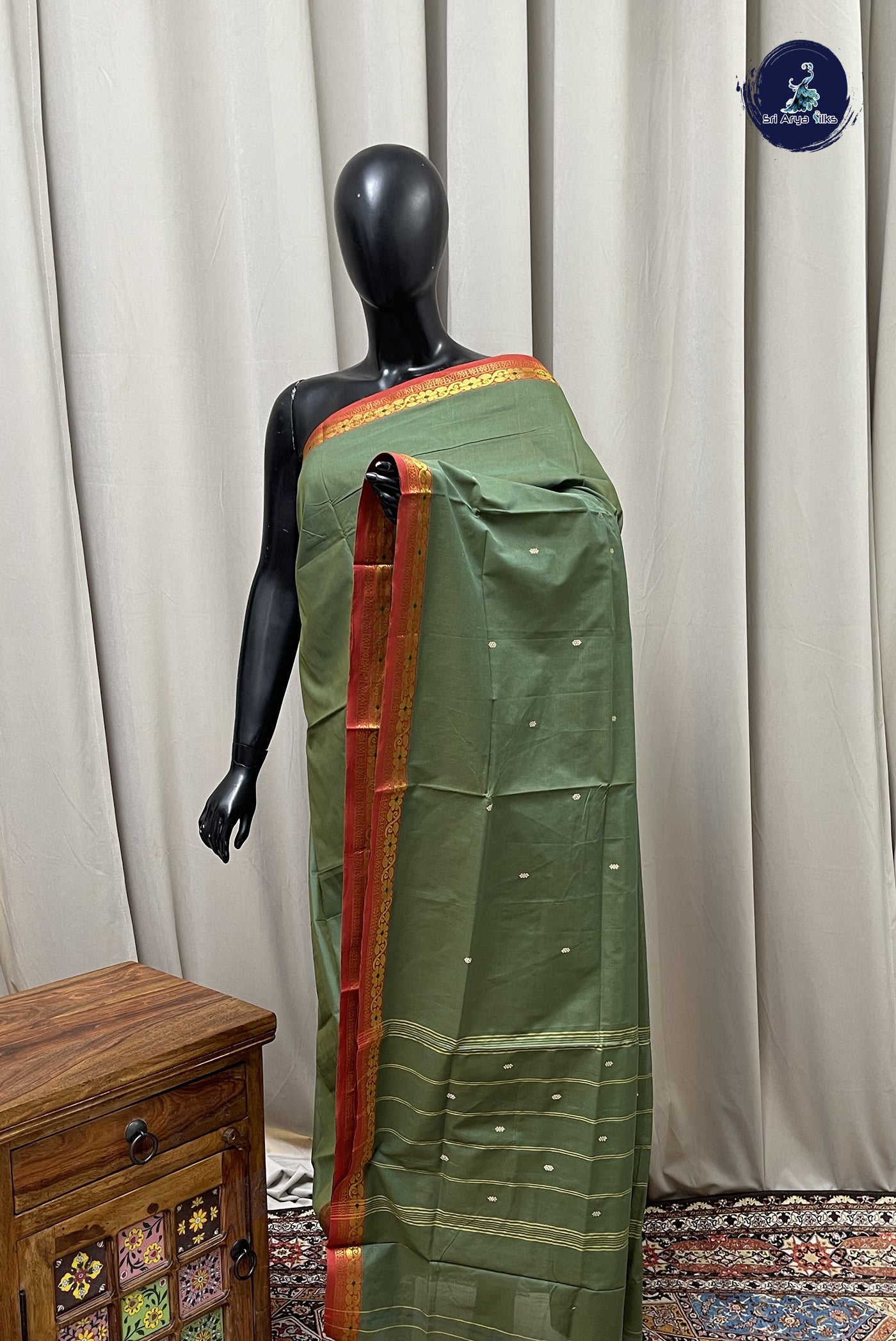 Green Chettinad Cotton Saree With Buttas Pattern