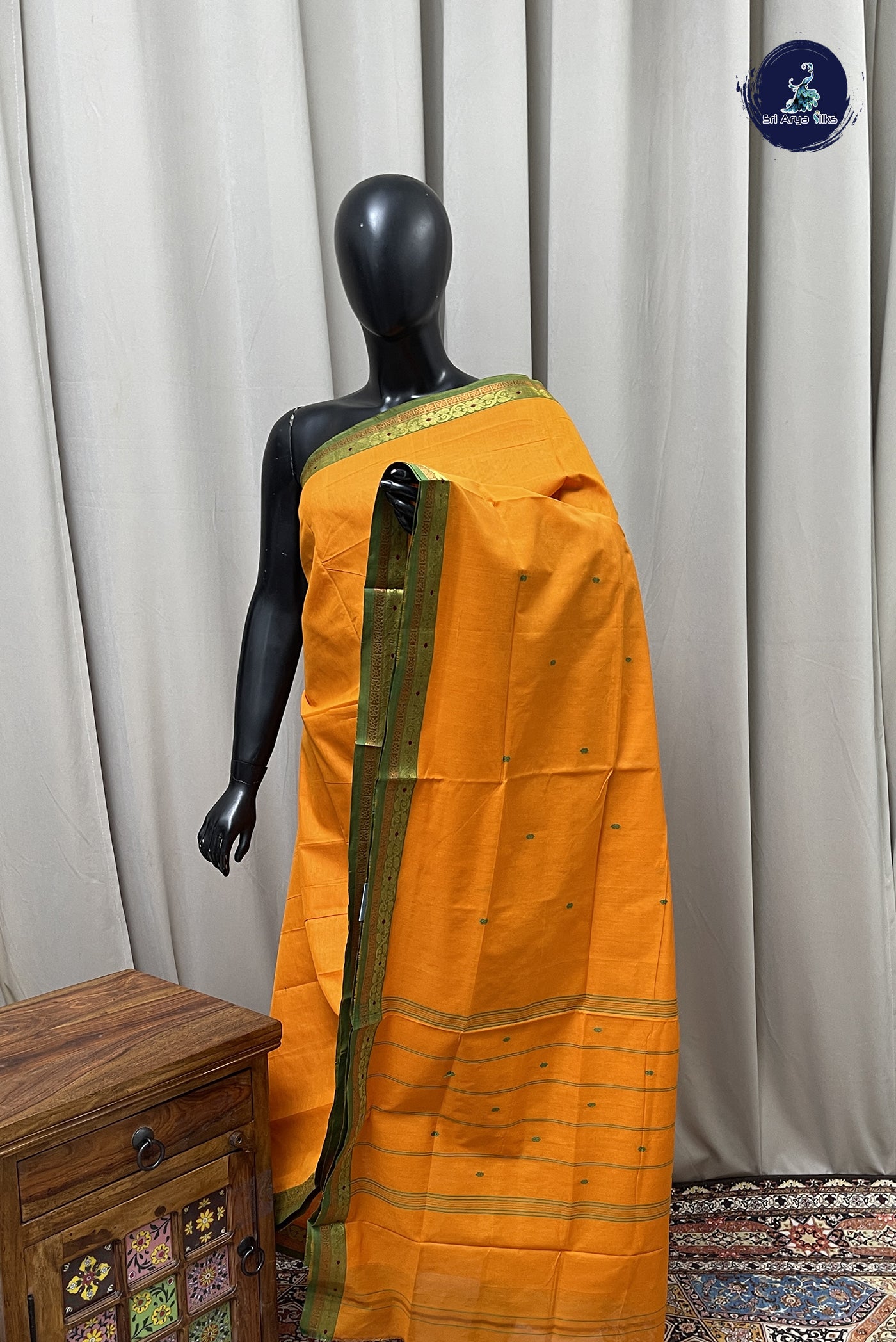Yellowish Orange Chettinad Cotton Saree With Buttas Pattern