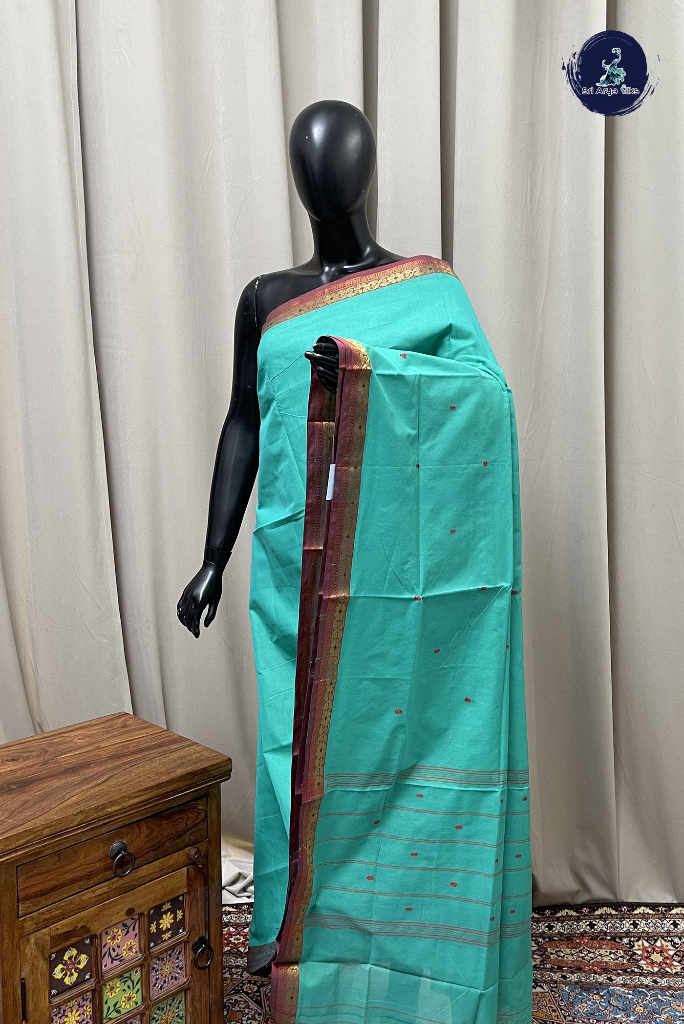 Green Chettinad Cotton Saree With Buttas Pattern