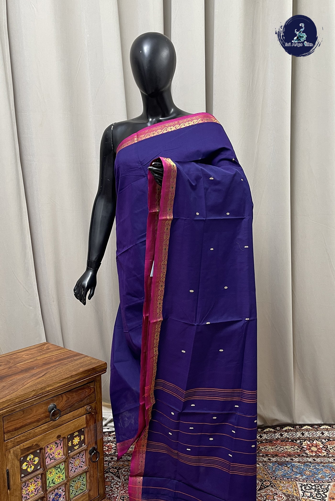 Dark Violet Chettinad Cotton Saree With Buttas Pattern