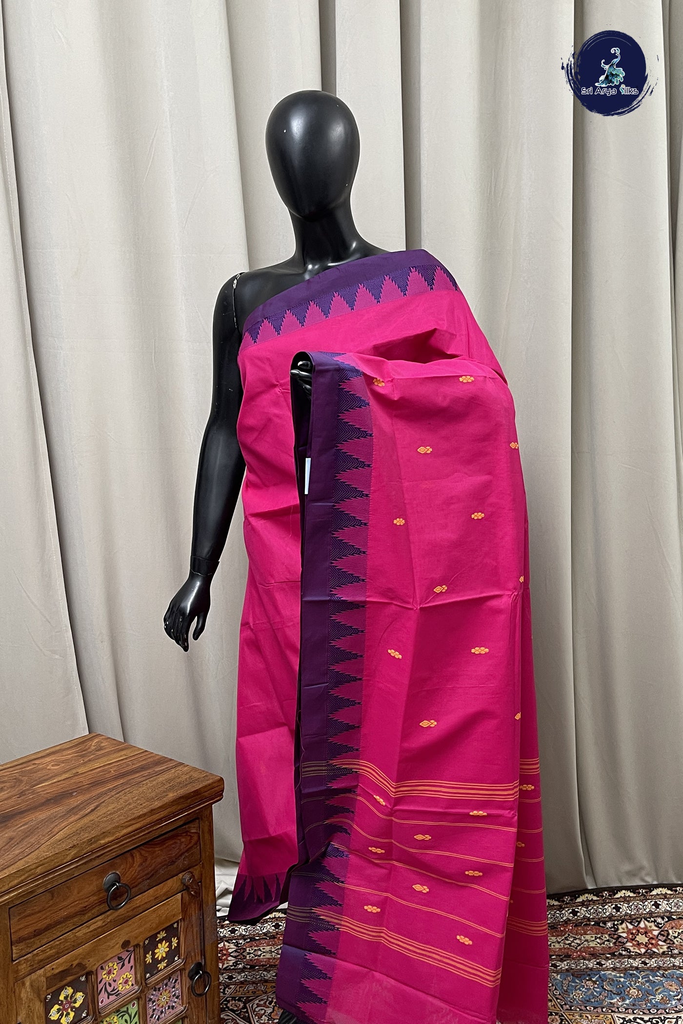 Dark Pink Chettinad Cotton Saree With Buttas Pattern