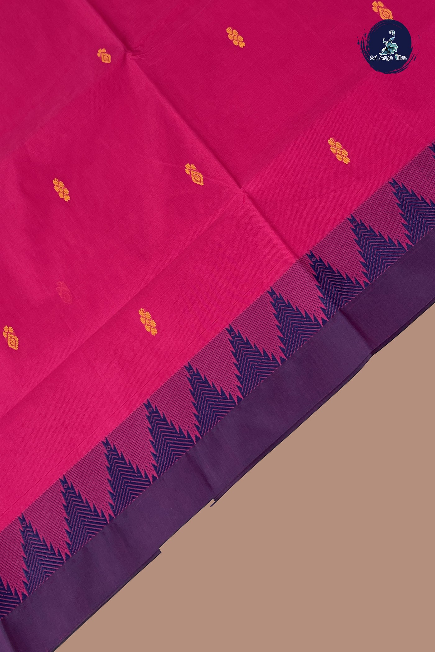 Dark Pink Chettinad Cotton Saree With Buttas Pattern
