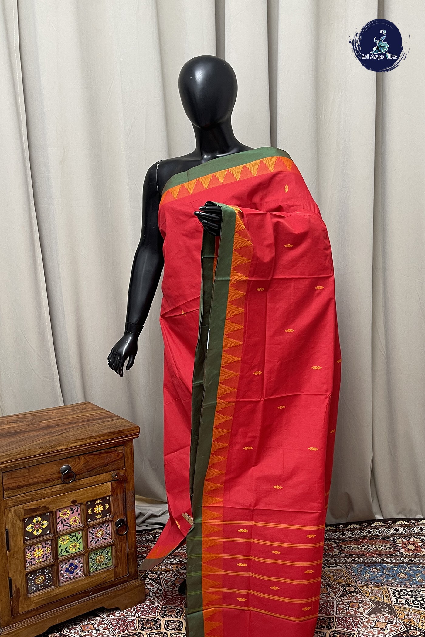 Red Chettinad Cotton Saree With Buttas Pattern