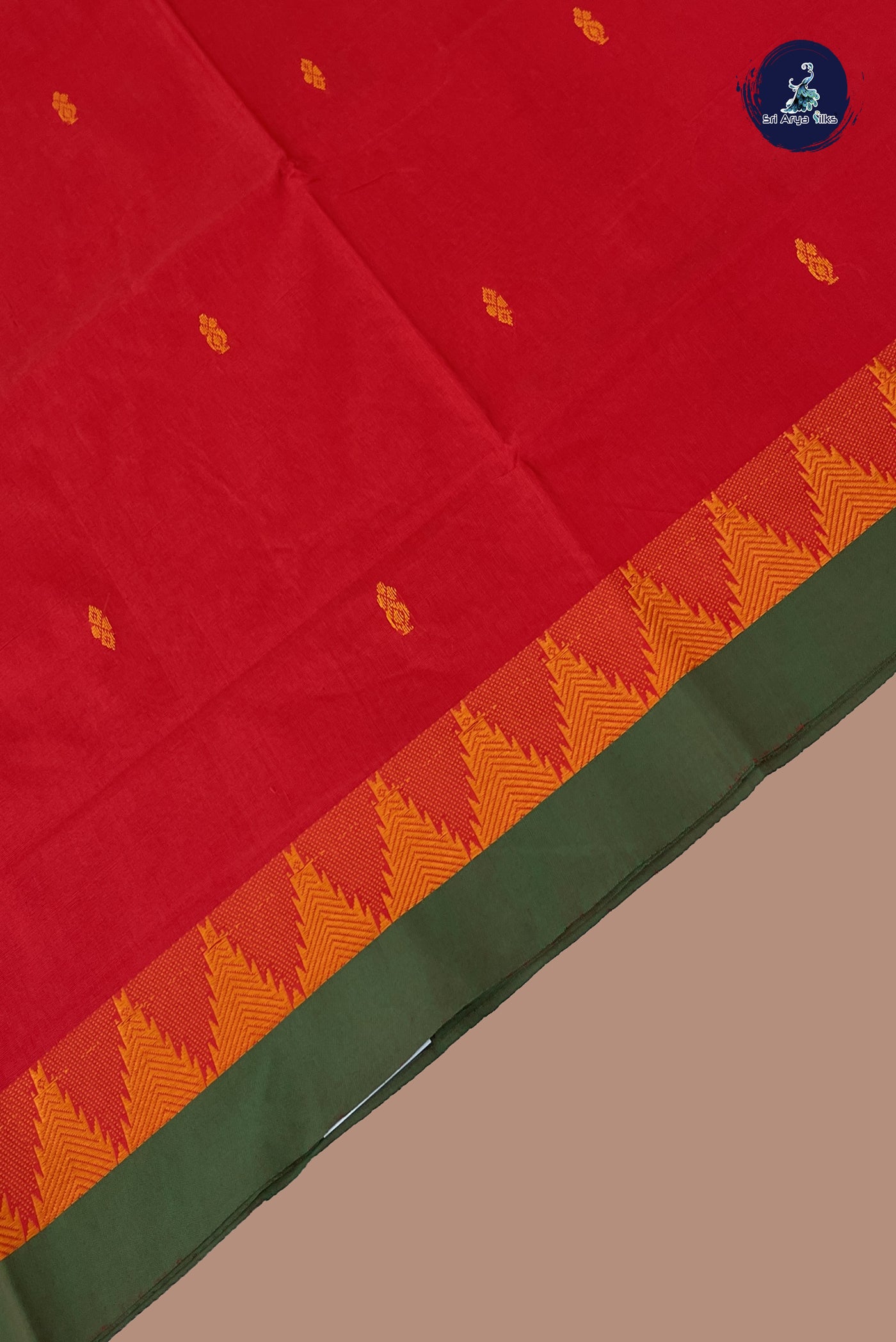 Red Chettinad Cotton Saree With Buttas Pattern