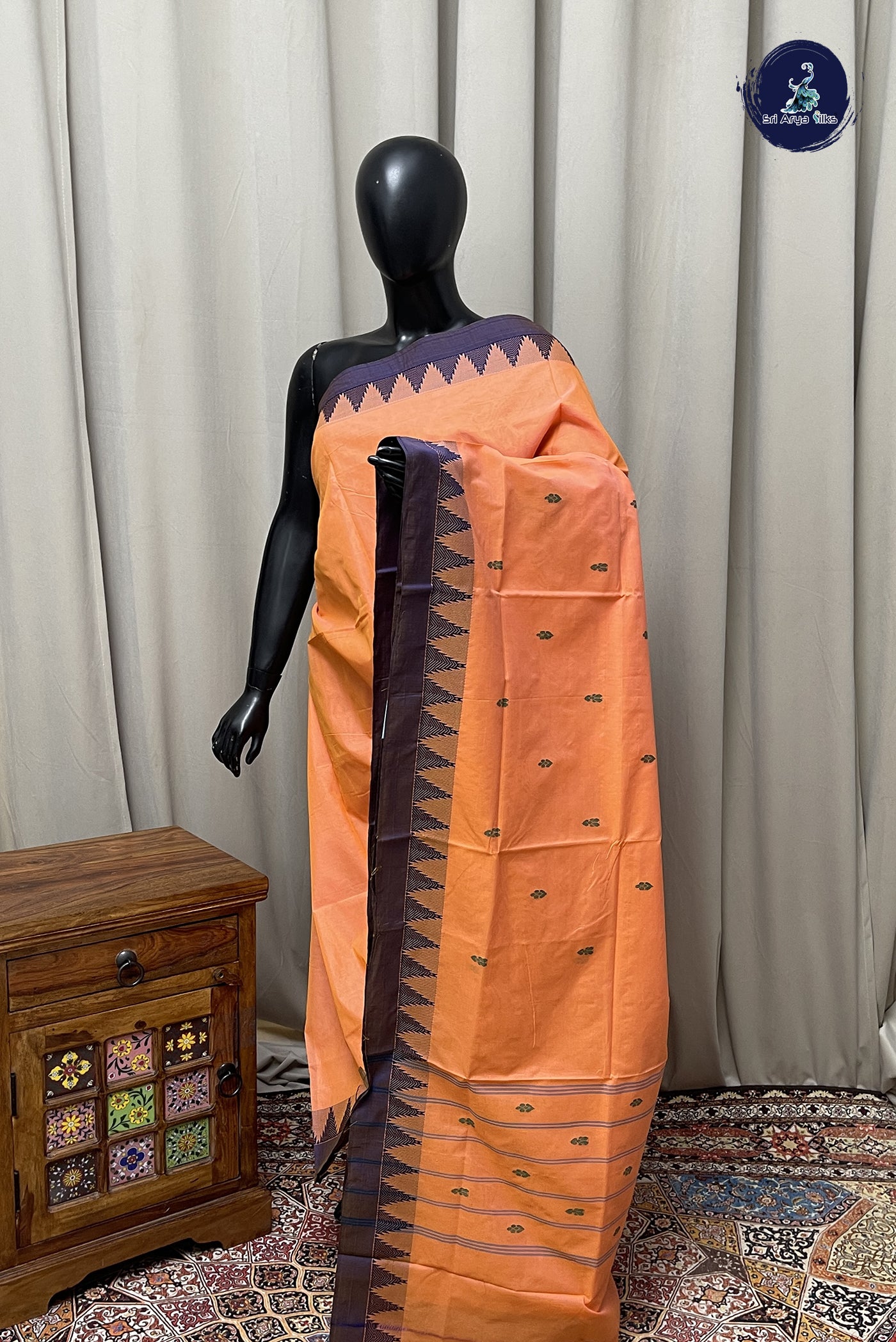 Peach Chettinad Cotton Saree With Buttas Pattern