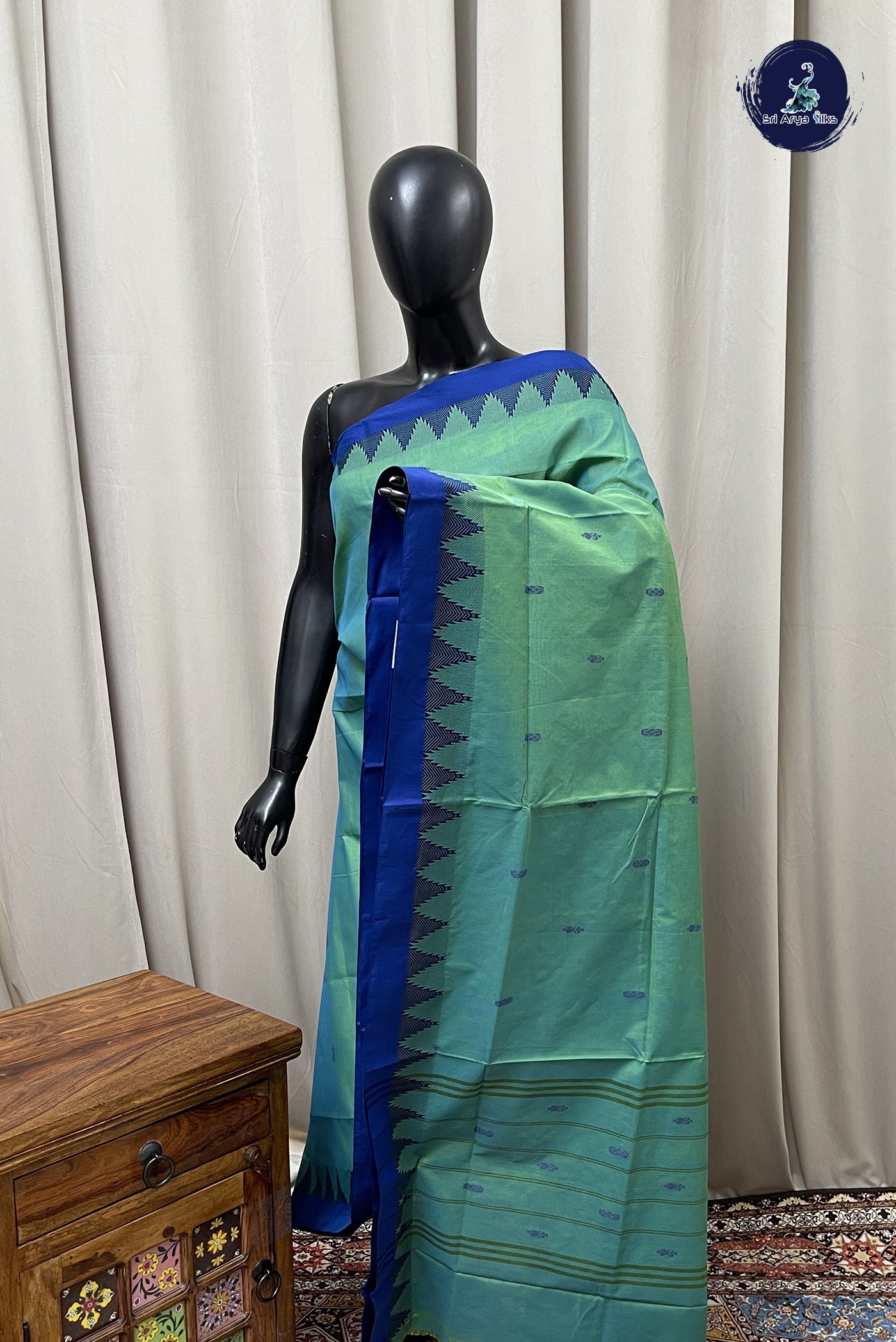 Bluish Green Chettinad Cotton Saree With Buttas Pattern
