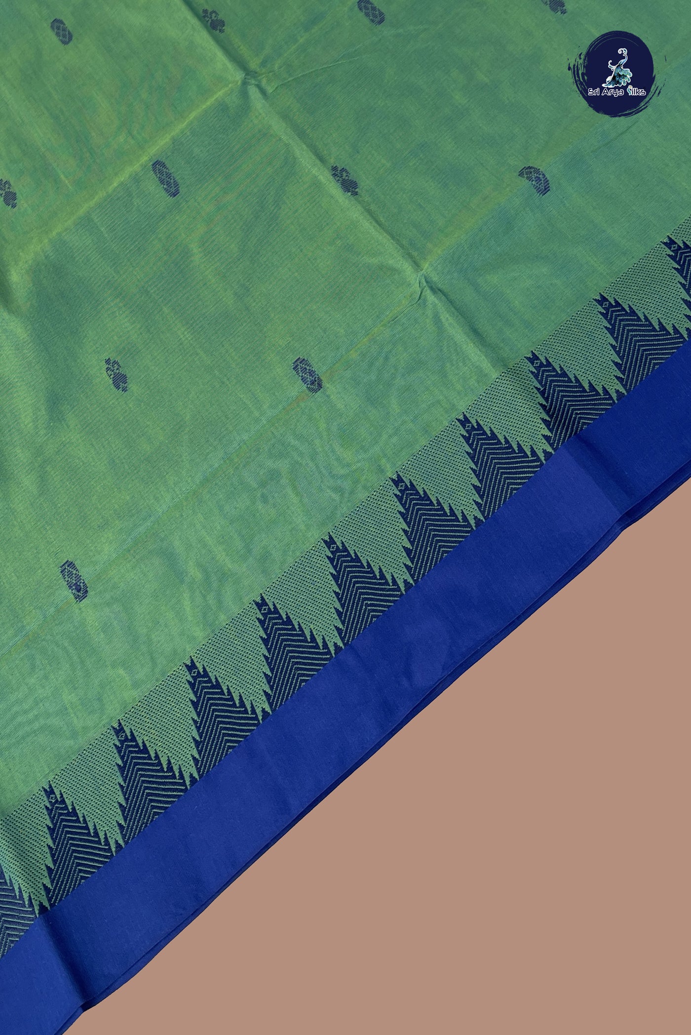 Bluish Green Chettinad Cotton Saree With Buttas Pattern
