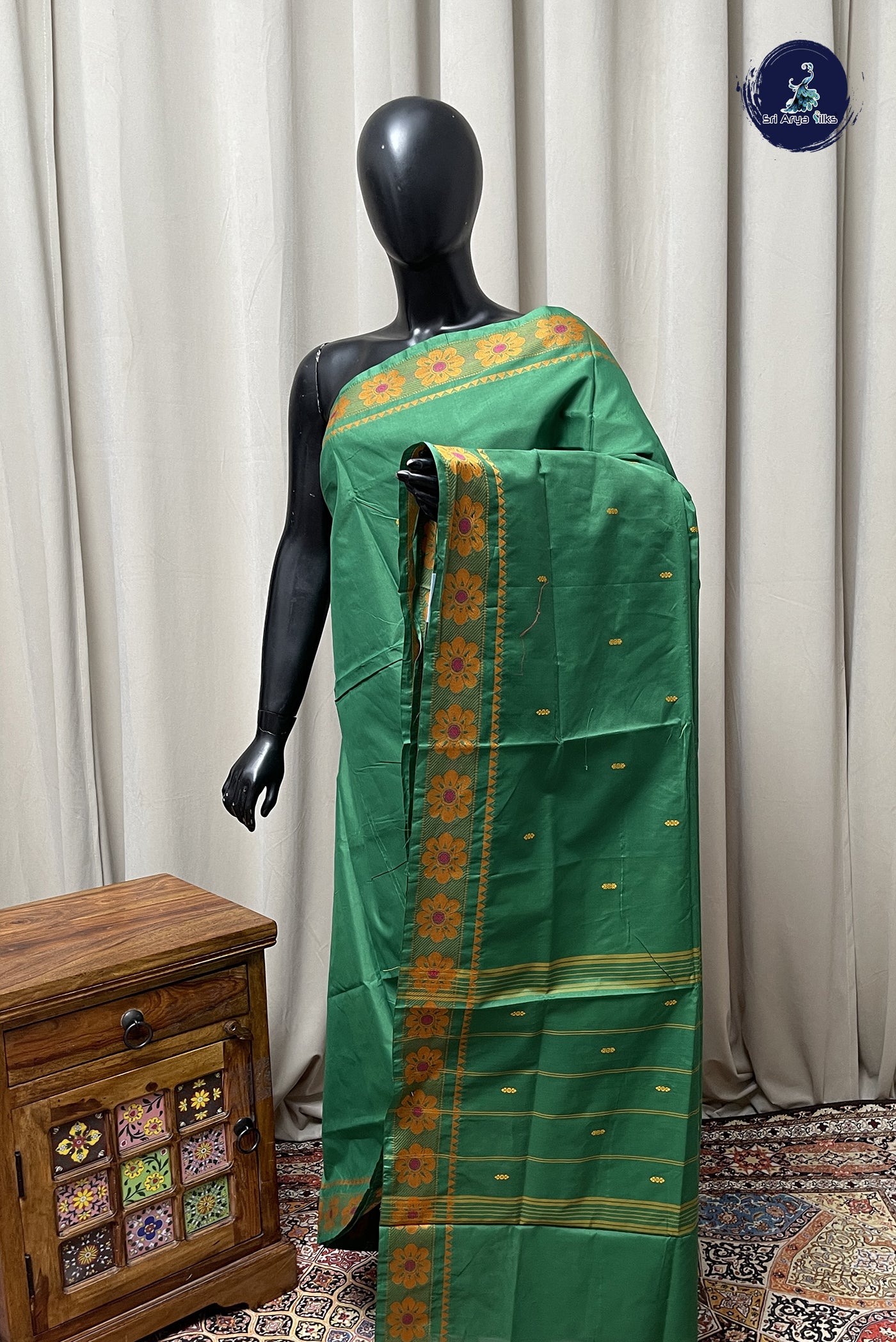 Green Chettinad Cotton Saree With Buttas Pattern