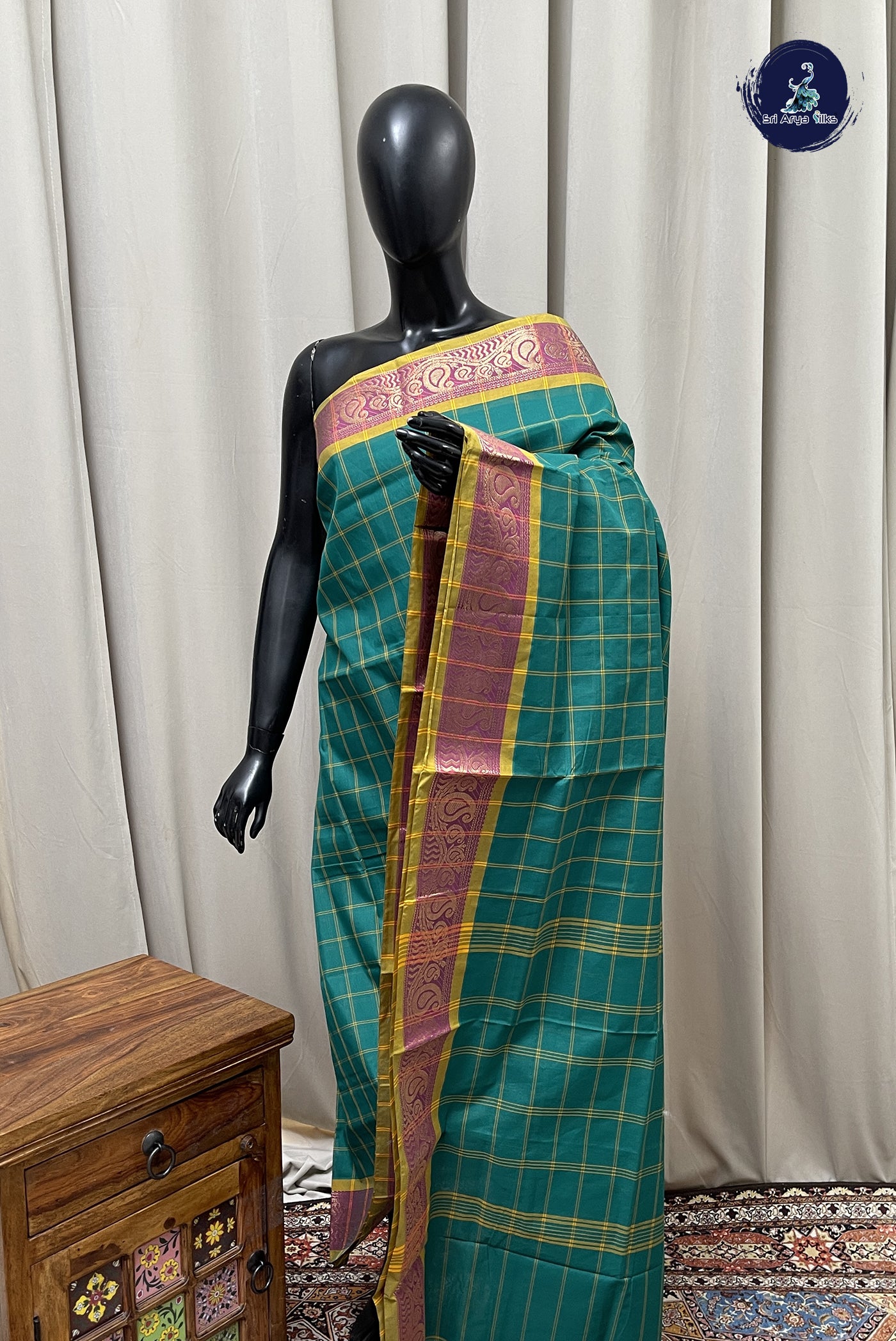 Green Chettinad Cotton Saree With Checked Pattern
