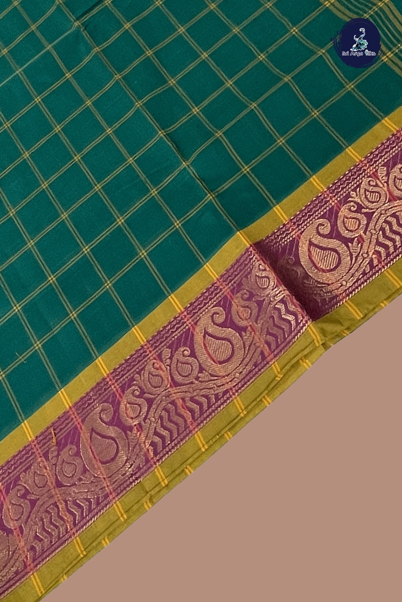 Green Chettinad Cotton Saree With Checked Pattern