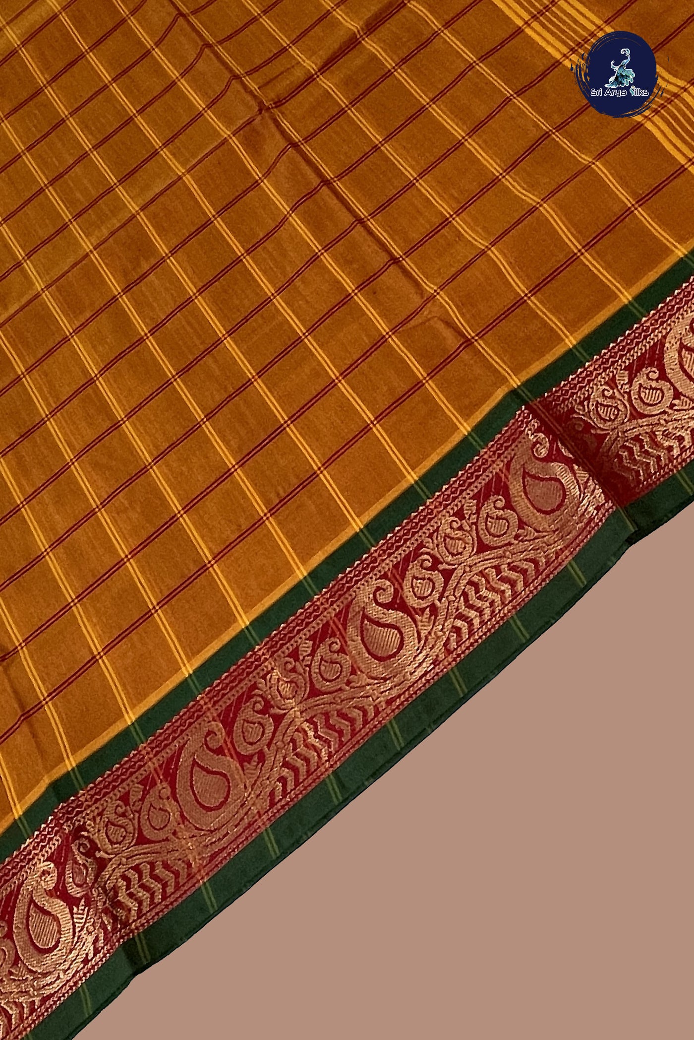 Lite Mustard Orange Chettinad Cotton Saree With Checked Pattern