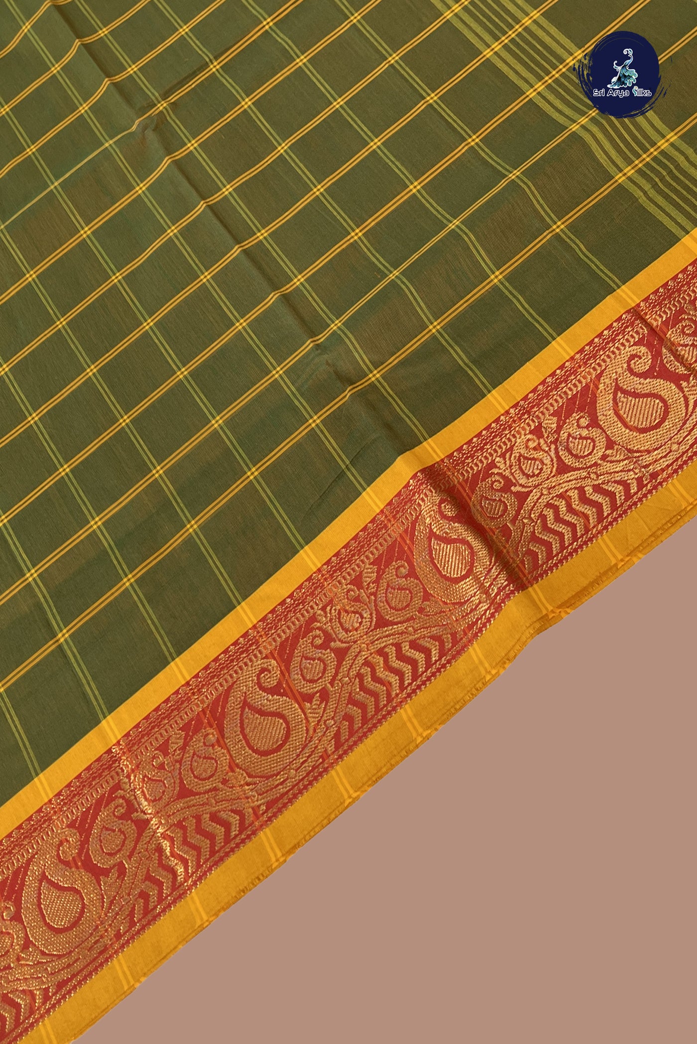 Dual Tone Green Chettinad Cotton Saree With Checked Pattern