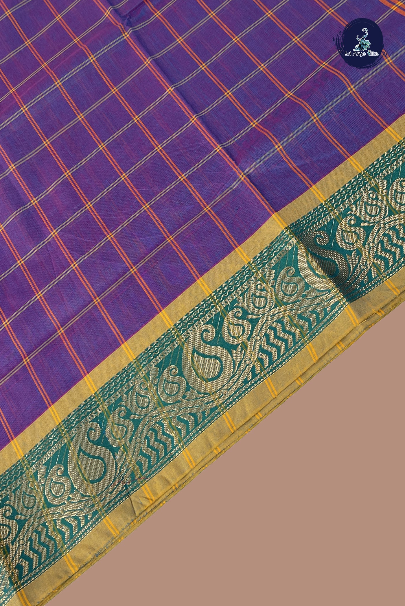 Dual Tone Purple Chettinad Cotton Saree With Checked Pattern