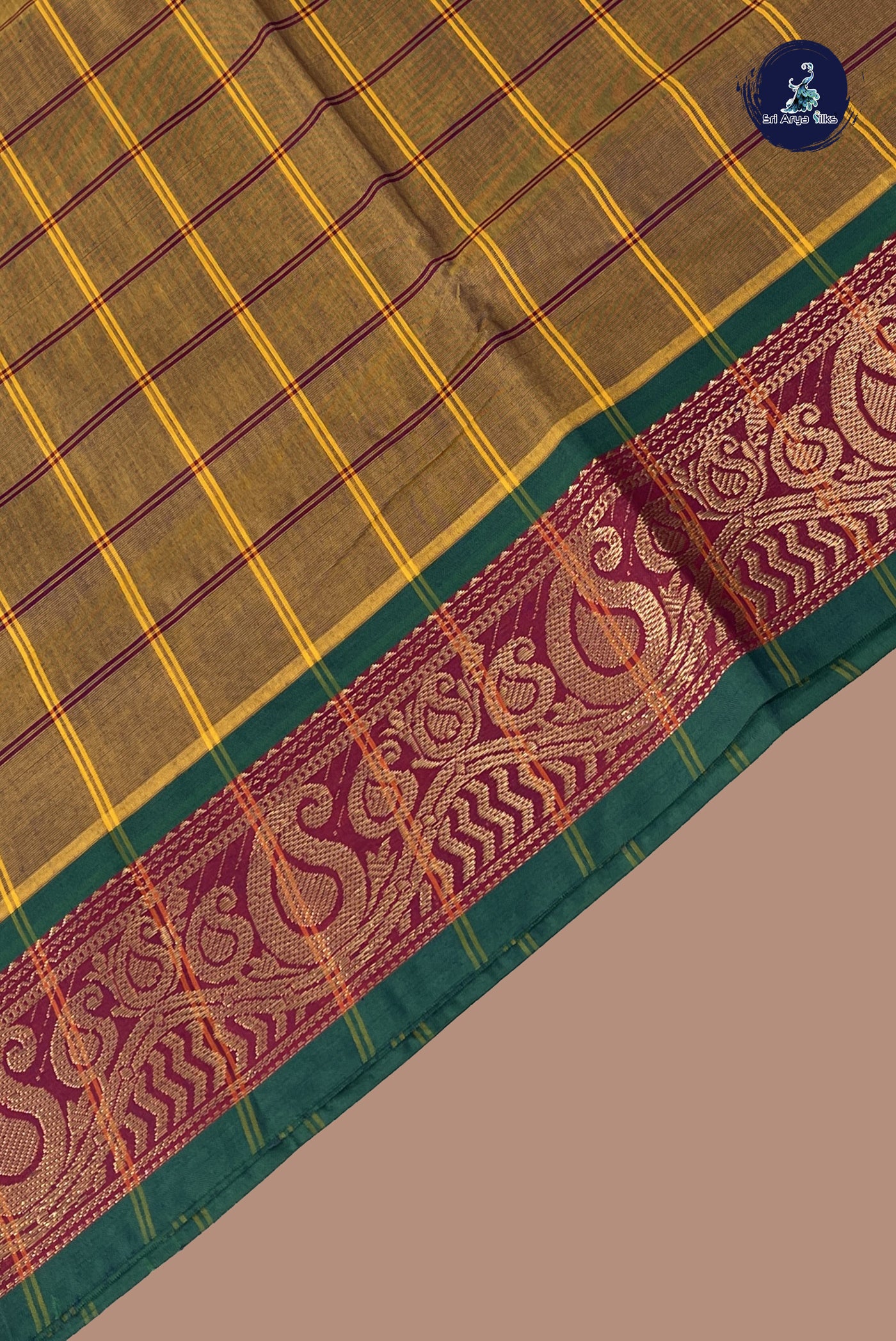Dual Tone Brown Chettinad Cotton Saree With Checked Pattern