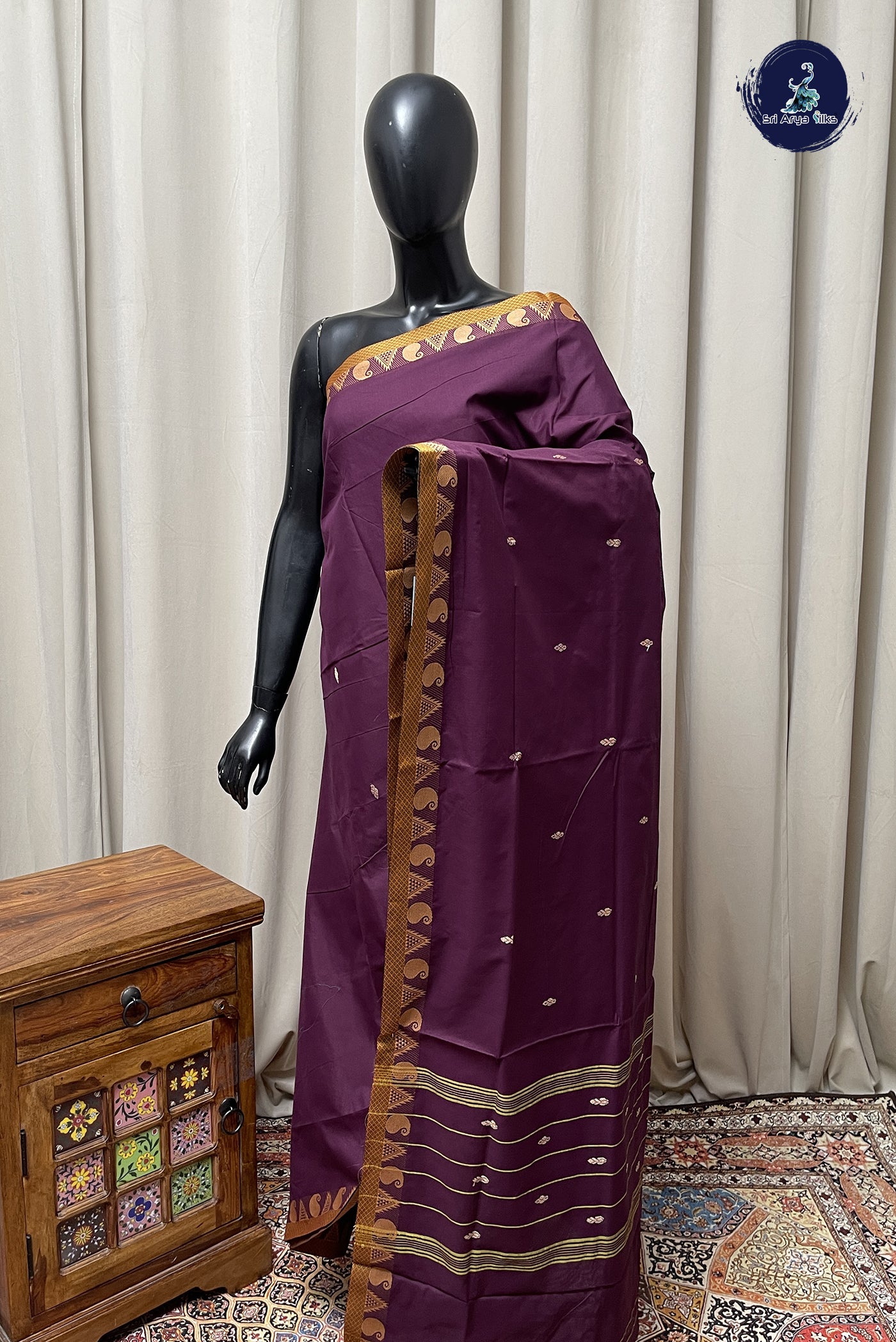 Brown Chettinad Cotton Saree With Buttas Pattern