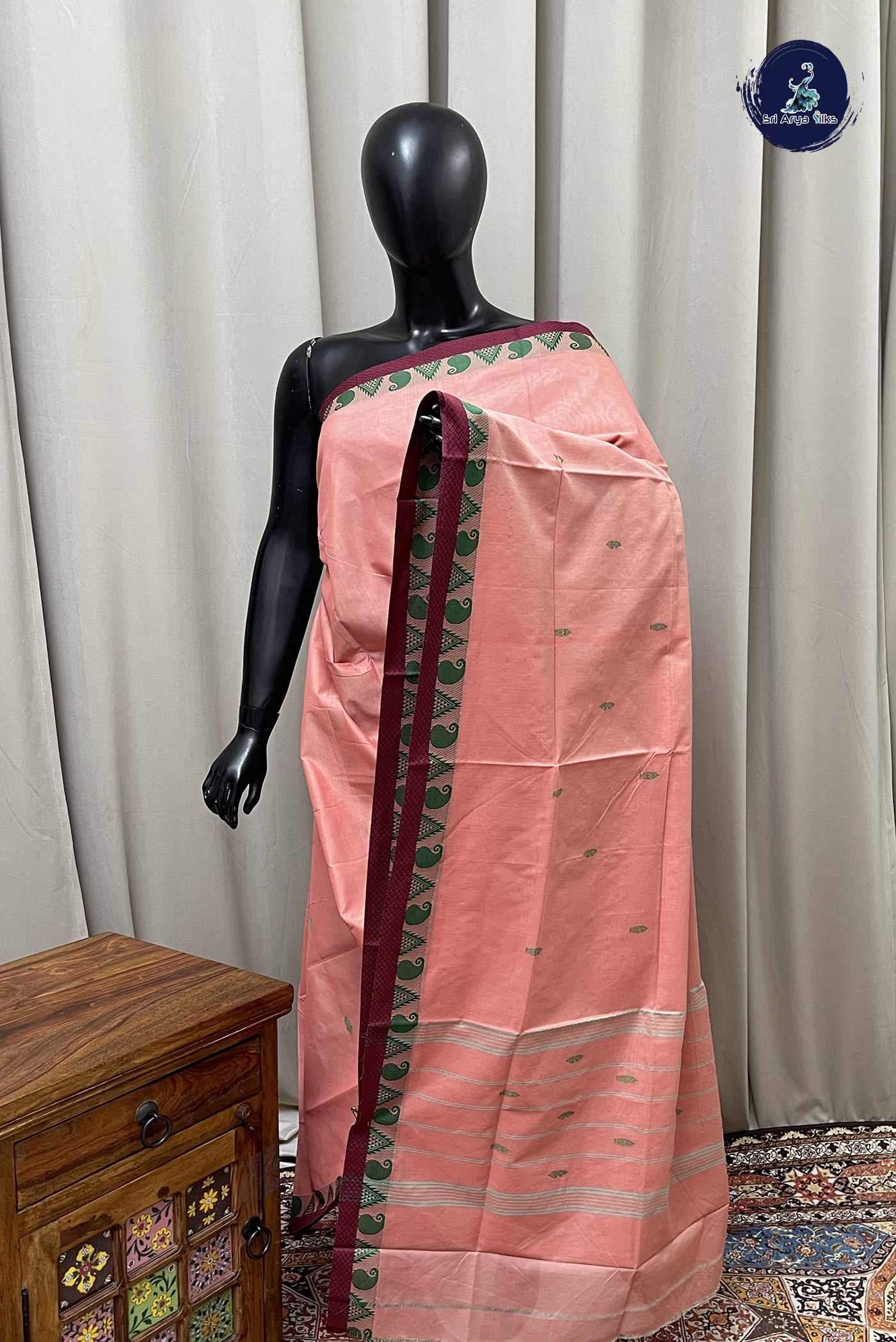 Peach Pink Chettinad Cotton Saree With Buttas Pattern