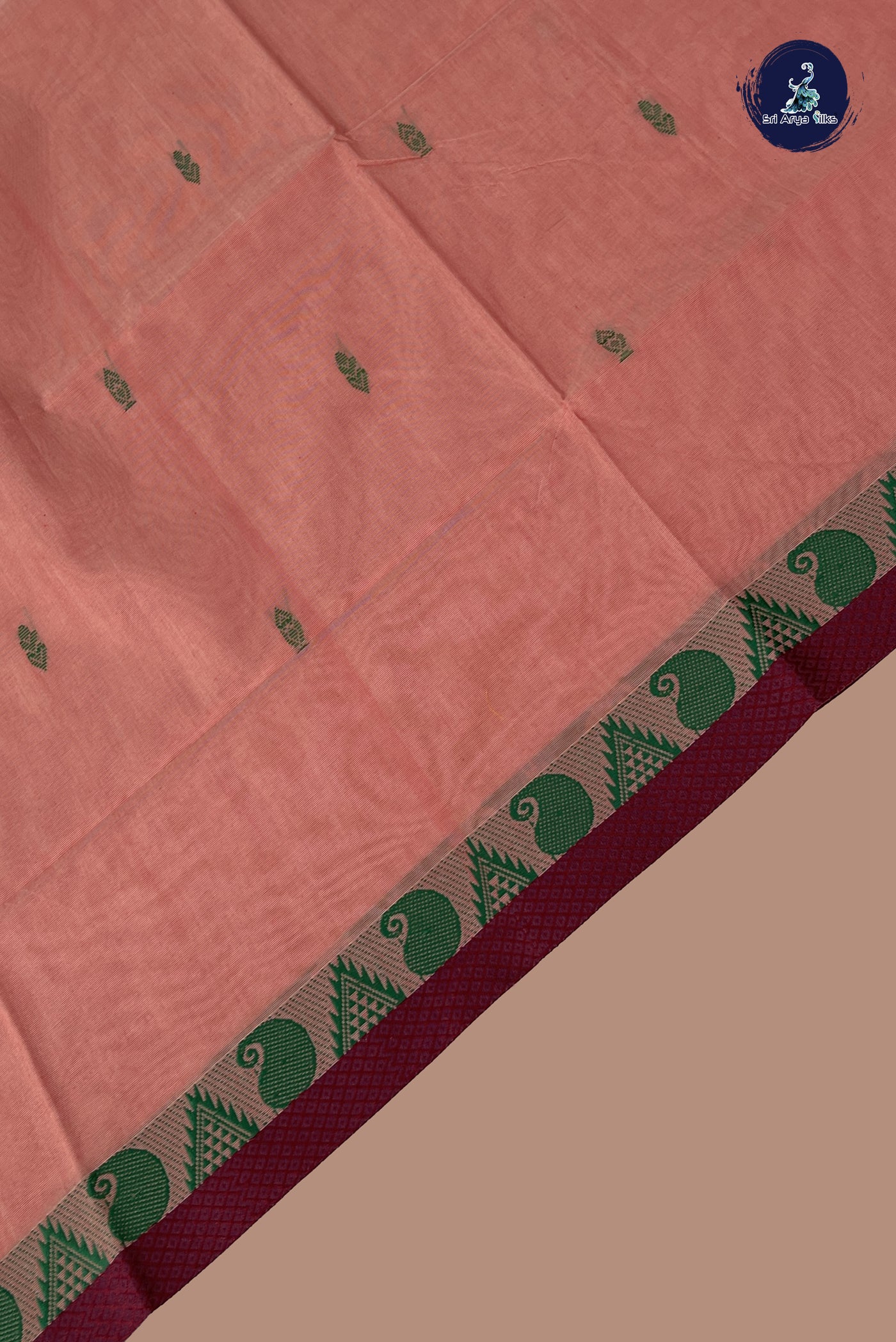 Peach Pink Chettinad Cotton Saree With Buttas Pattern