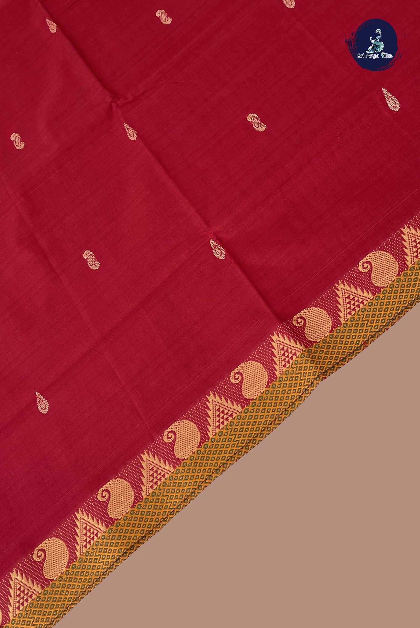 Red Chettinad Cotton Saree With Buttas Pattern