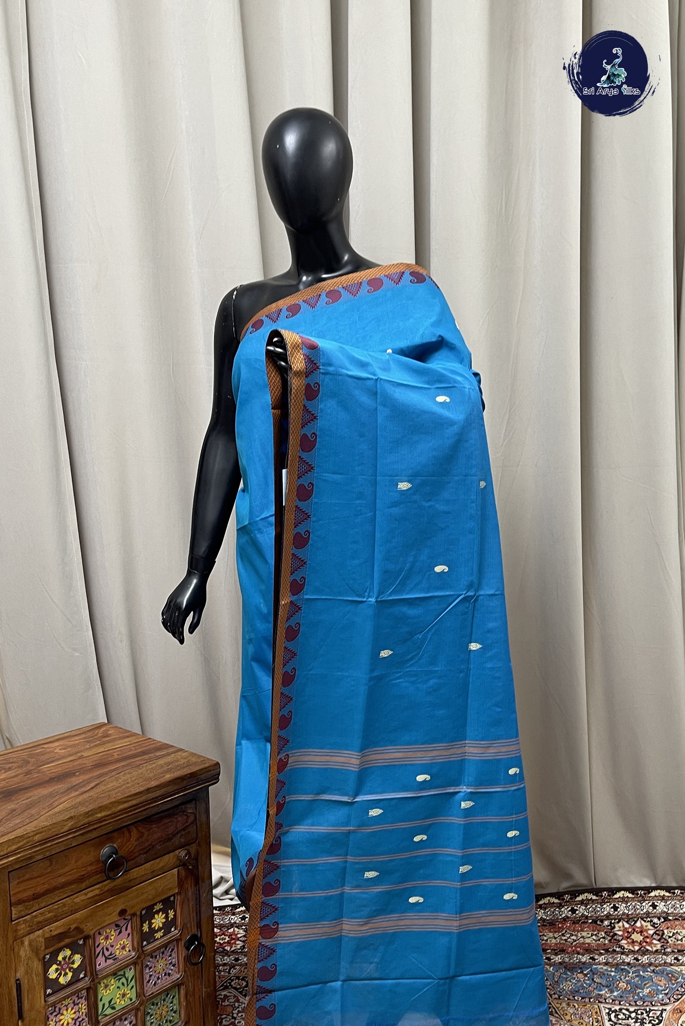 Blue Chettinad Cotton Saree With Buttas Pattern