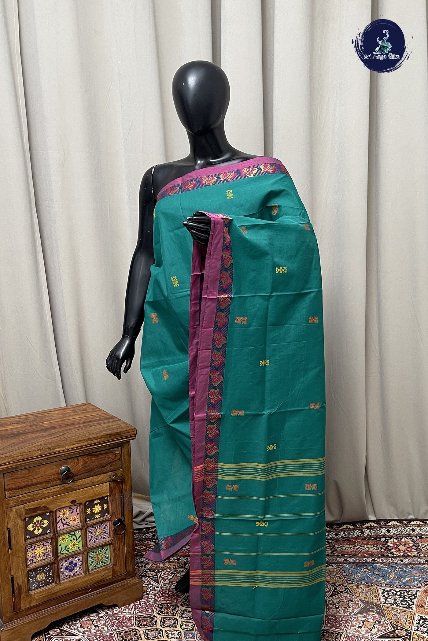 Teal Chettinad Cotton Saree With Buttas Pattern