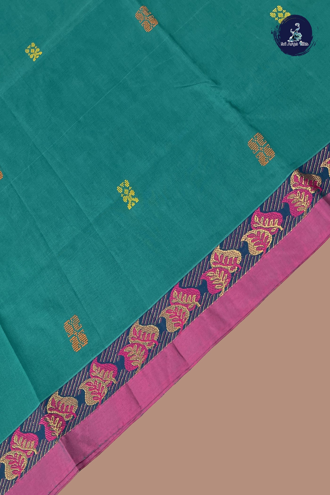 Teal Chettinad Cotton Saree With Buttas Pattern