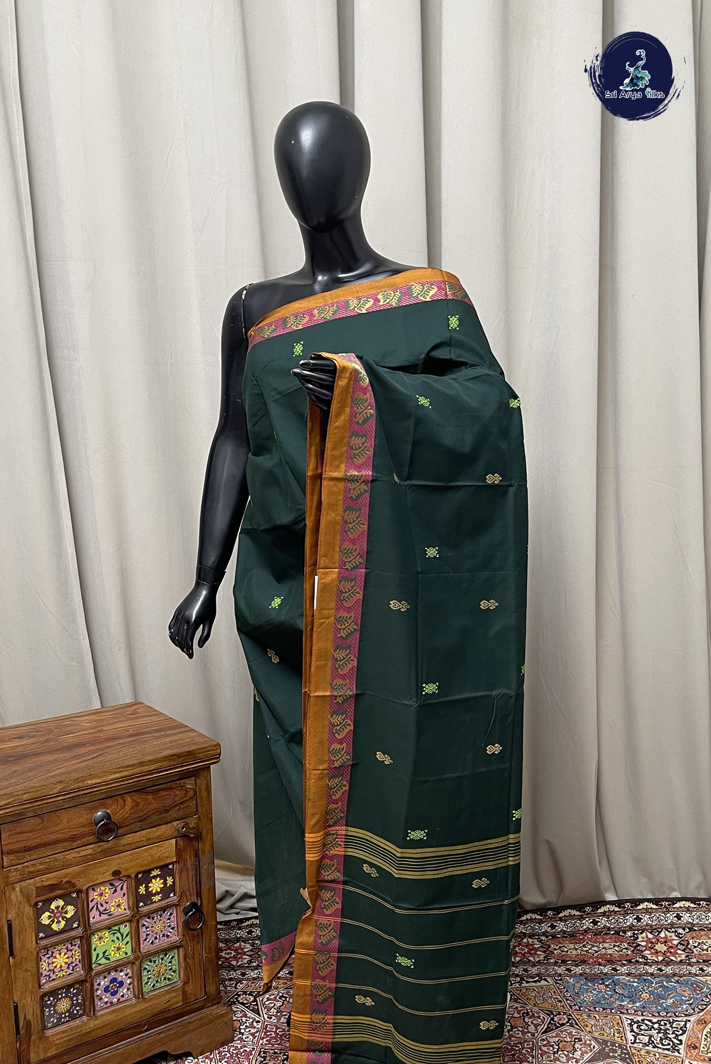 Dark Green Chettinad Cotton Saree With Buttas Pattern