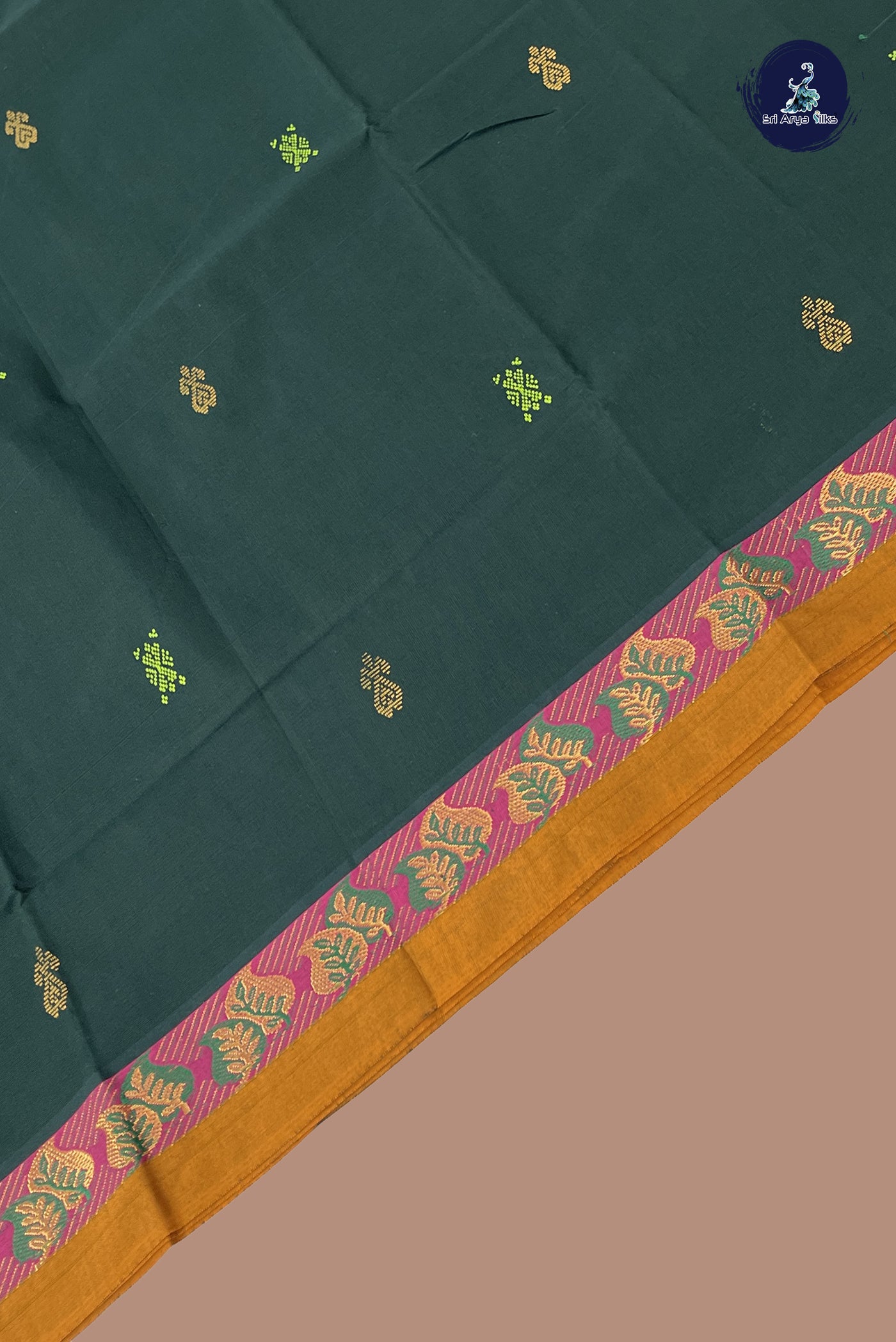 Dark Green Chettinad Cotton Saree With Buttas Pattern