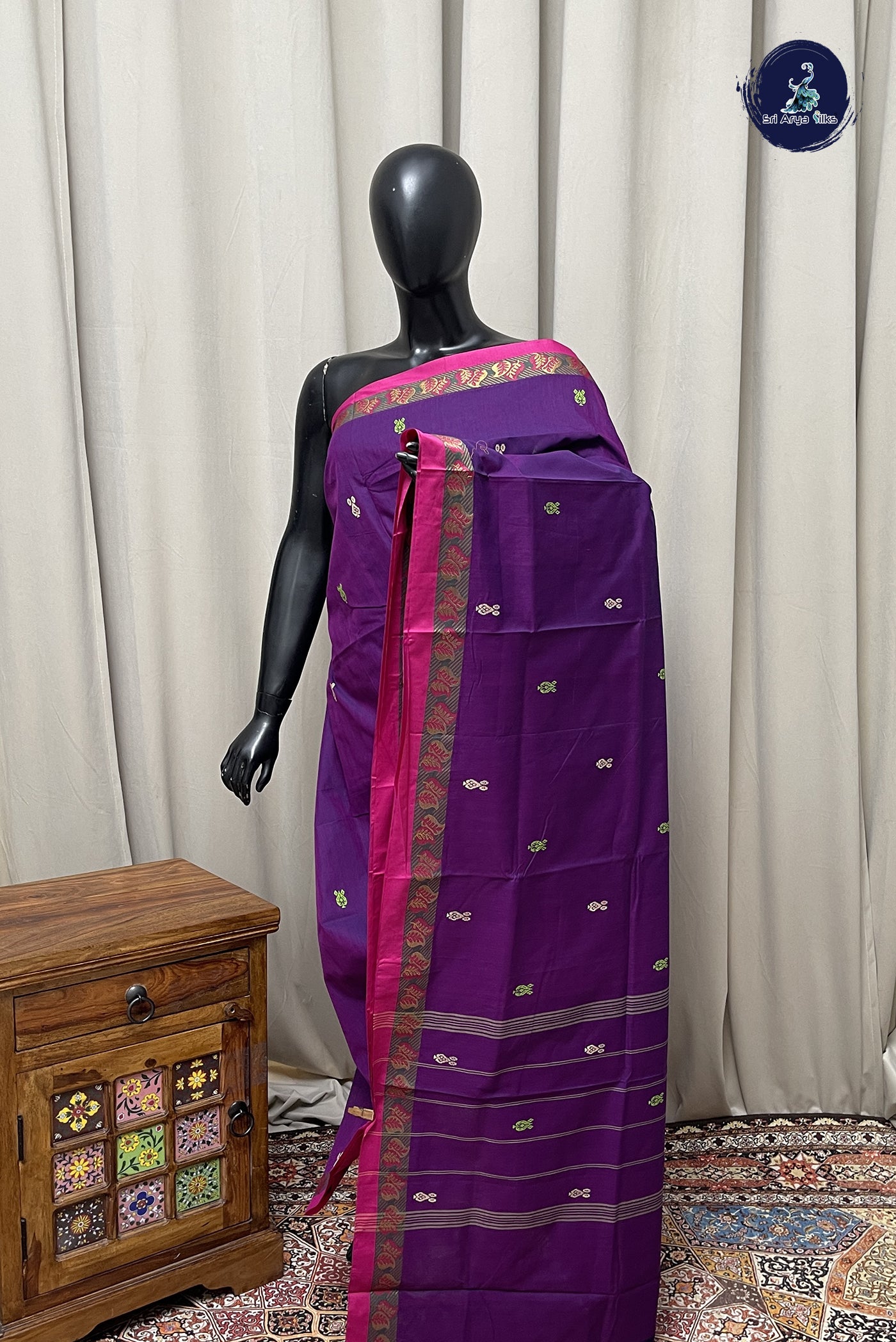 Dark Brinjal Chettinad Cotton Saree With Buttas Pattern