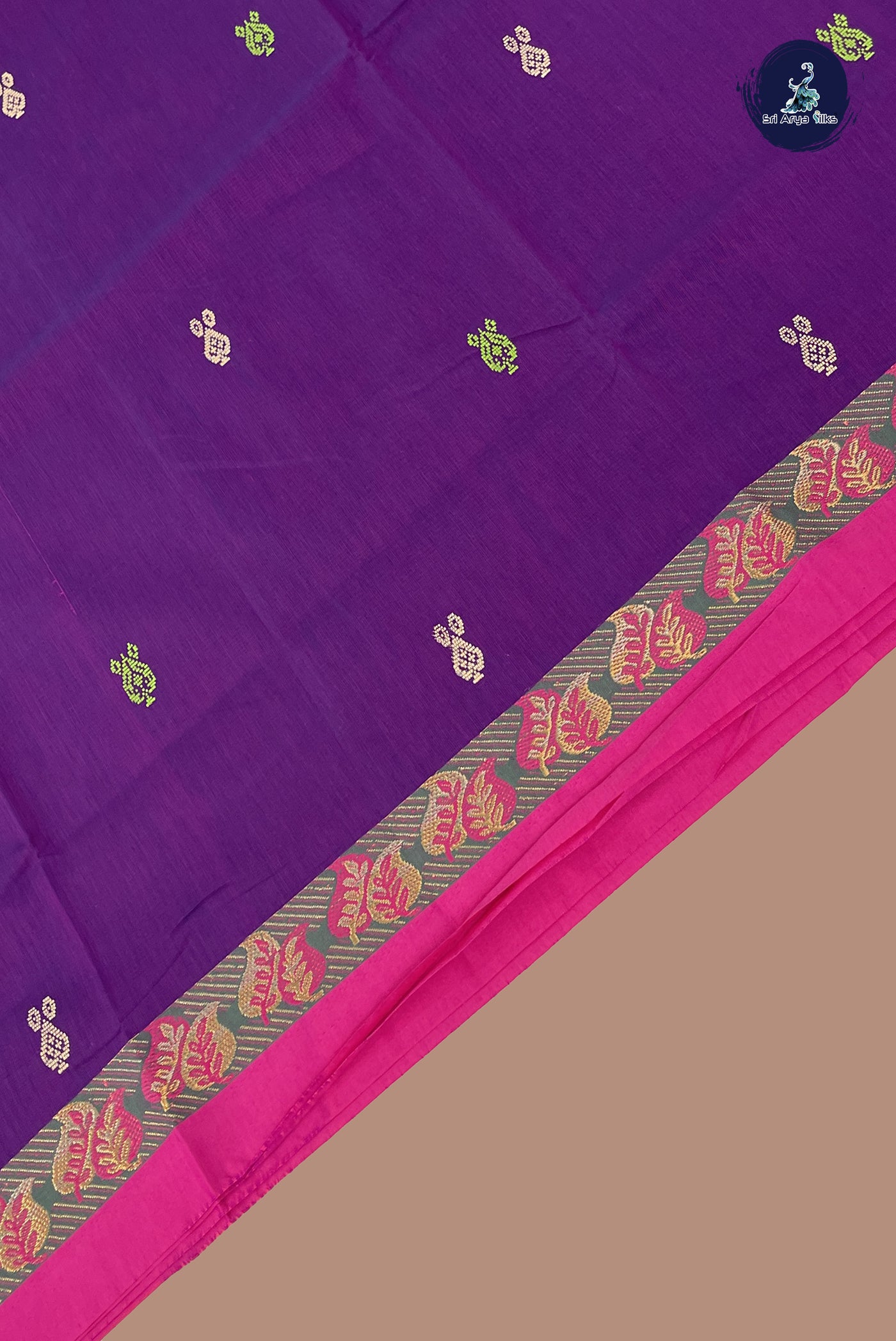 Dark Brinjal Chettinad Cotton Saree With Buttas Pattern
