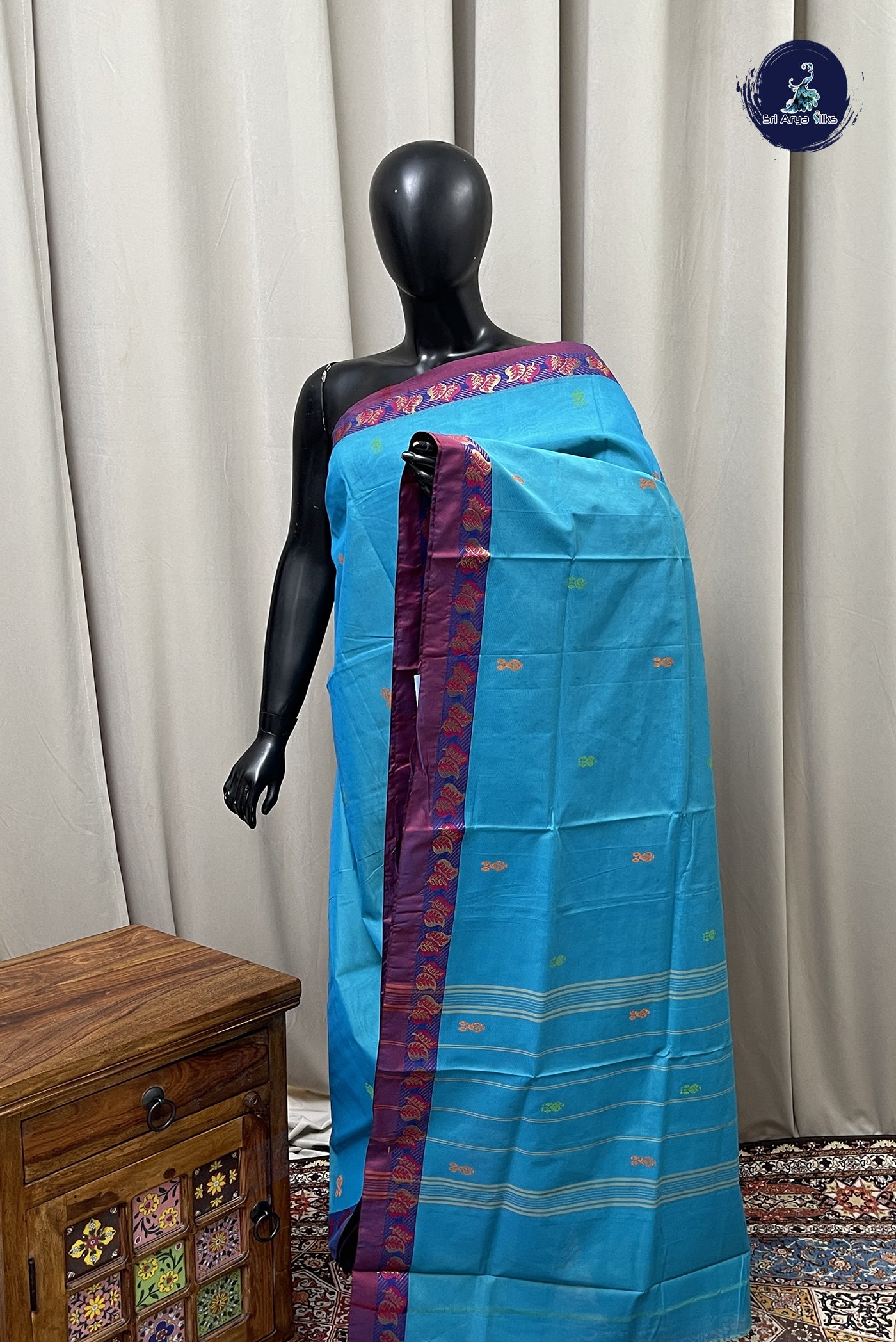 Blue Chettinad Cotton Saree With Buttas Pattern