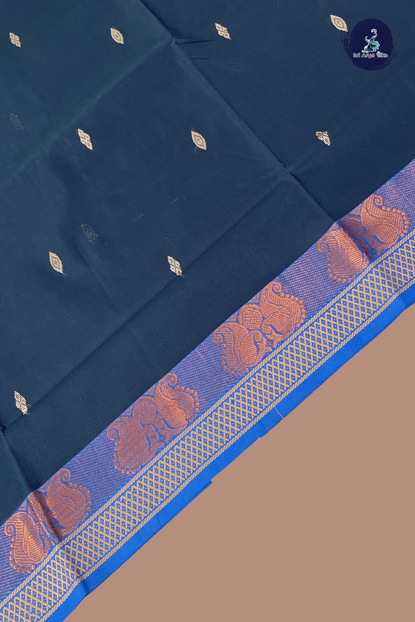 Dark Green Chettinad Cotton Saree With Buttas Pattern