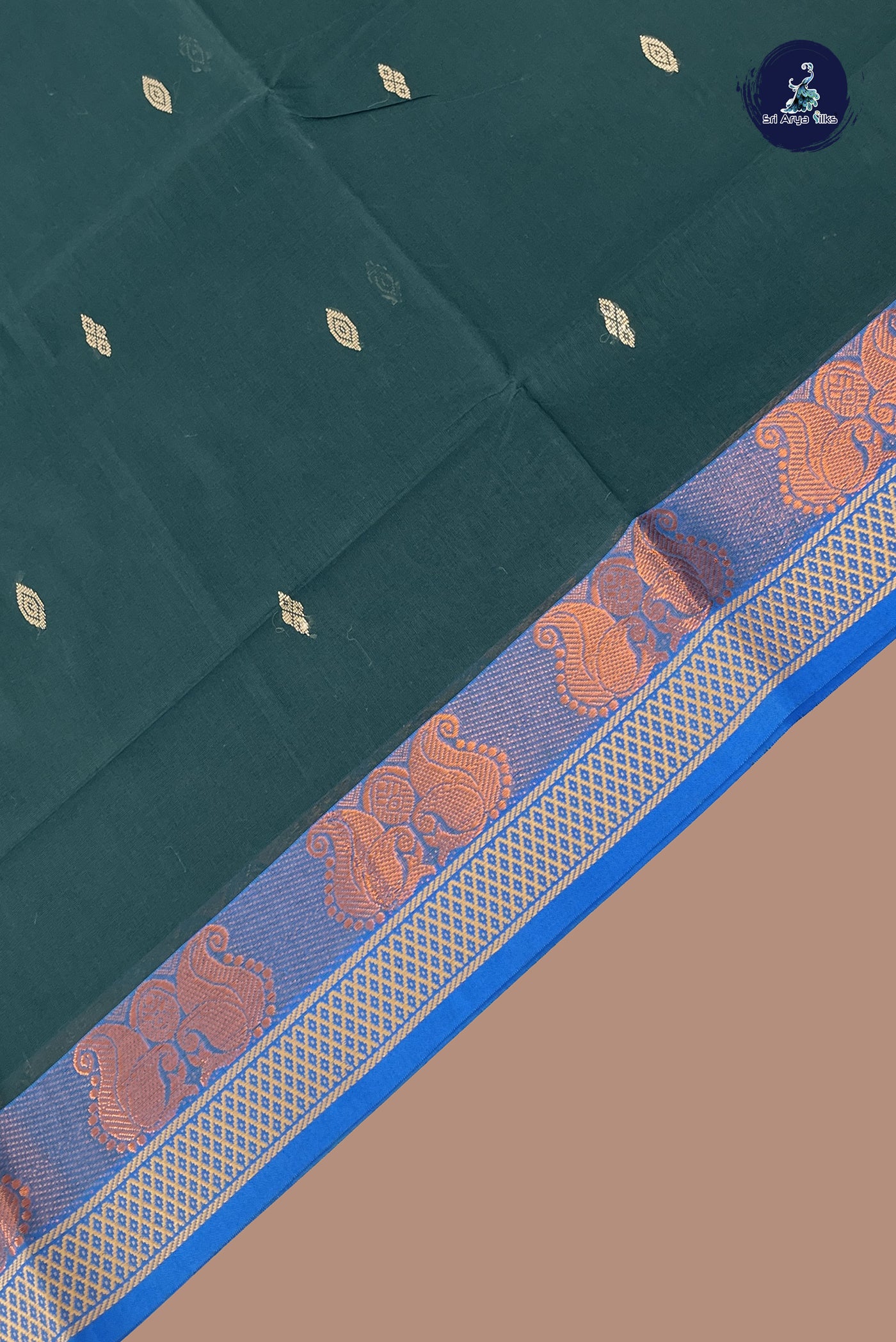 Bottle Green Chettinad Cotton Saree With Buttas Pattern